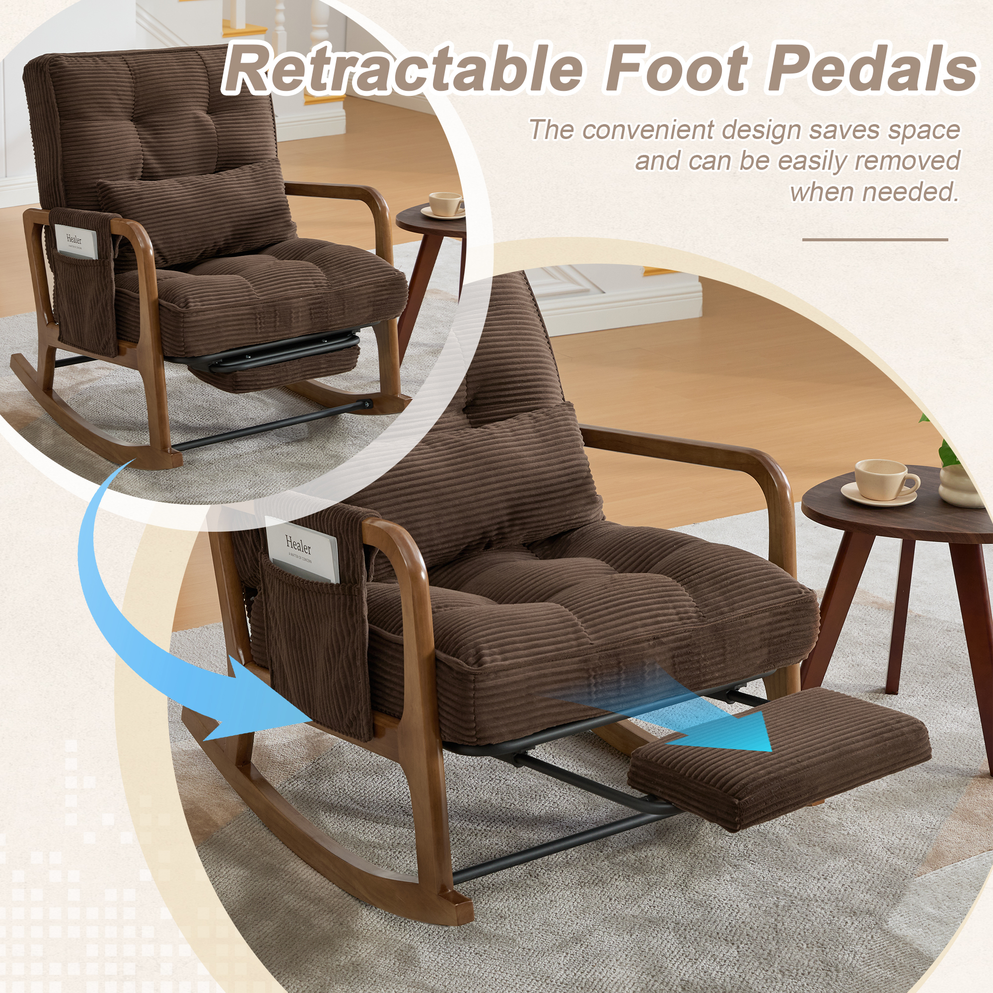 GOMYWAY Rocking Chair With Footrest, Corduroy Upholstered