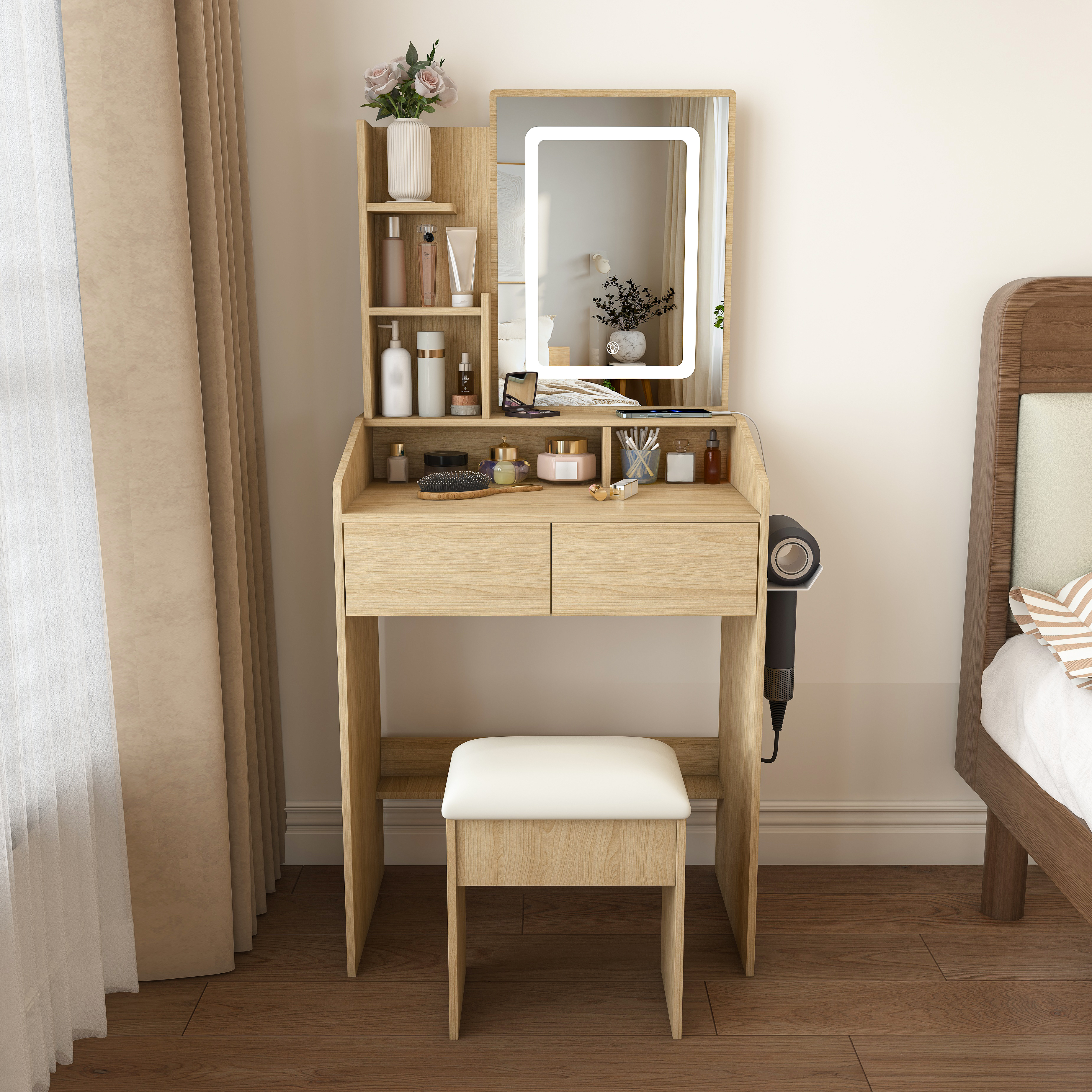 Makeup Vanity Desk With 3 Adjustable LED Lights, Built-in Power Socket And Hair Dryer Stand, Featuring A Soft Padded Stool And Storage Rack. Ideal For A Compact Vanity In A Small Bedroom Natural
