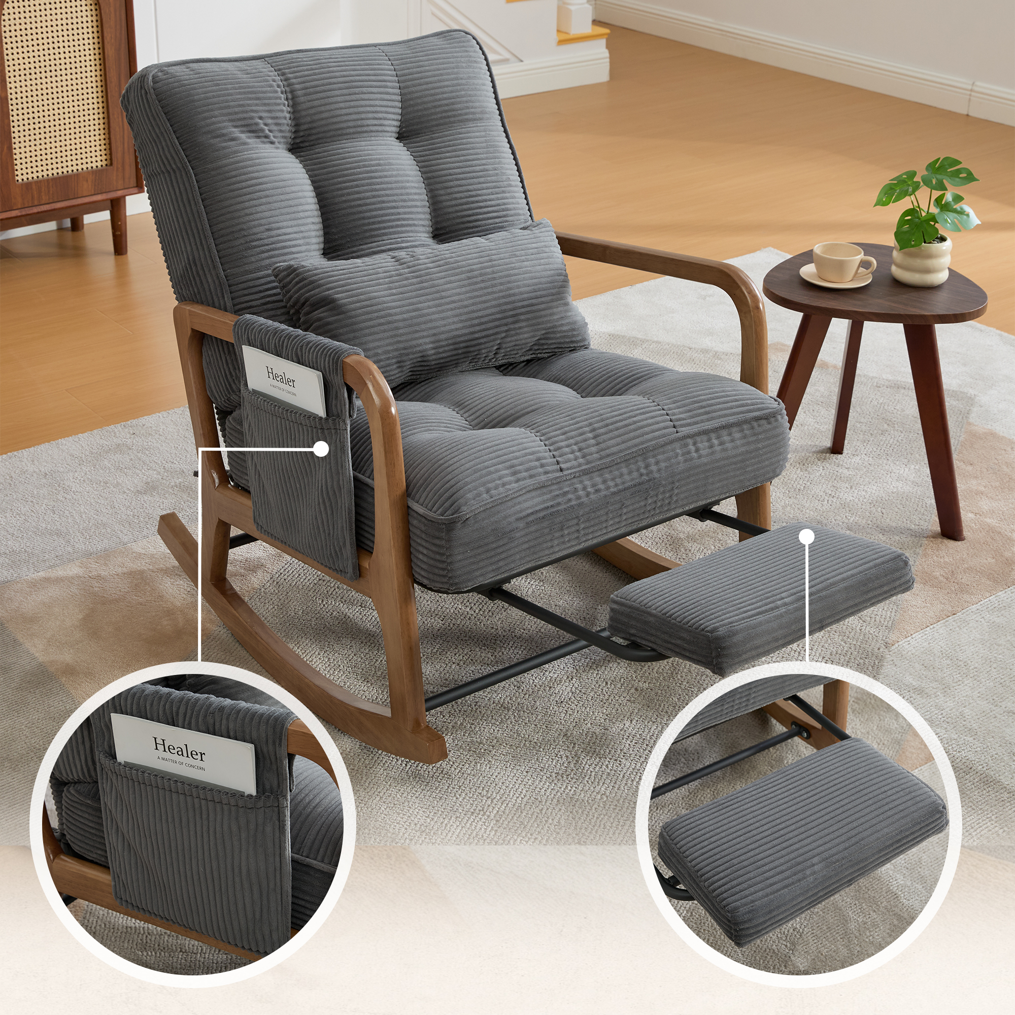 GOMYWAY Rocking Chair With Footrest, Corduroy Upholstered