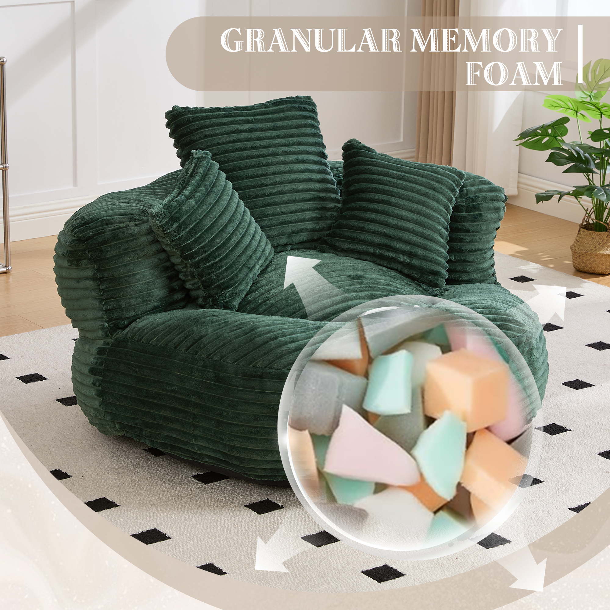 GOMYWAY Bean Bag Chairs For AdultsKids,Large Bean Bag Chair With 3 Pillows & Armrest, Soft Corduroy BeanBag Chair For Reading Gaming Living Room BedroomEmerald 5