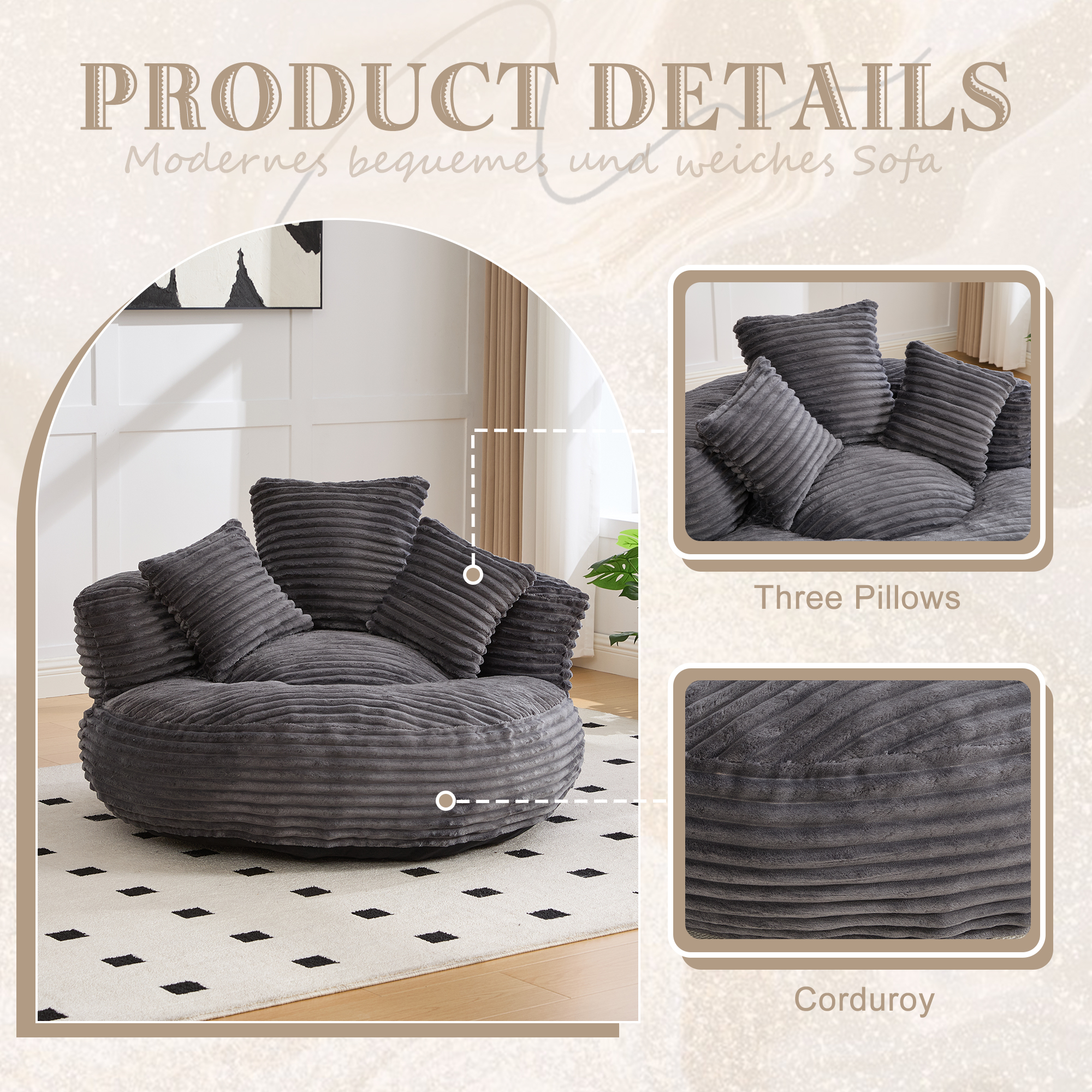GOMYWAY Bean Bag Chairs For AdultsKids,Large Bean Bag Chair With 3 Pillows & Armrest, Soft Corduroy BeanBag Chair For Reading Gaming Living Room BedroomDark Gray 4