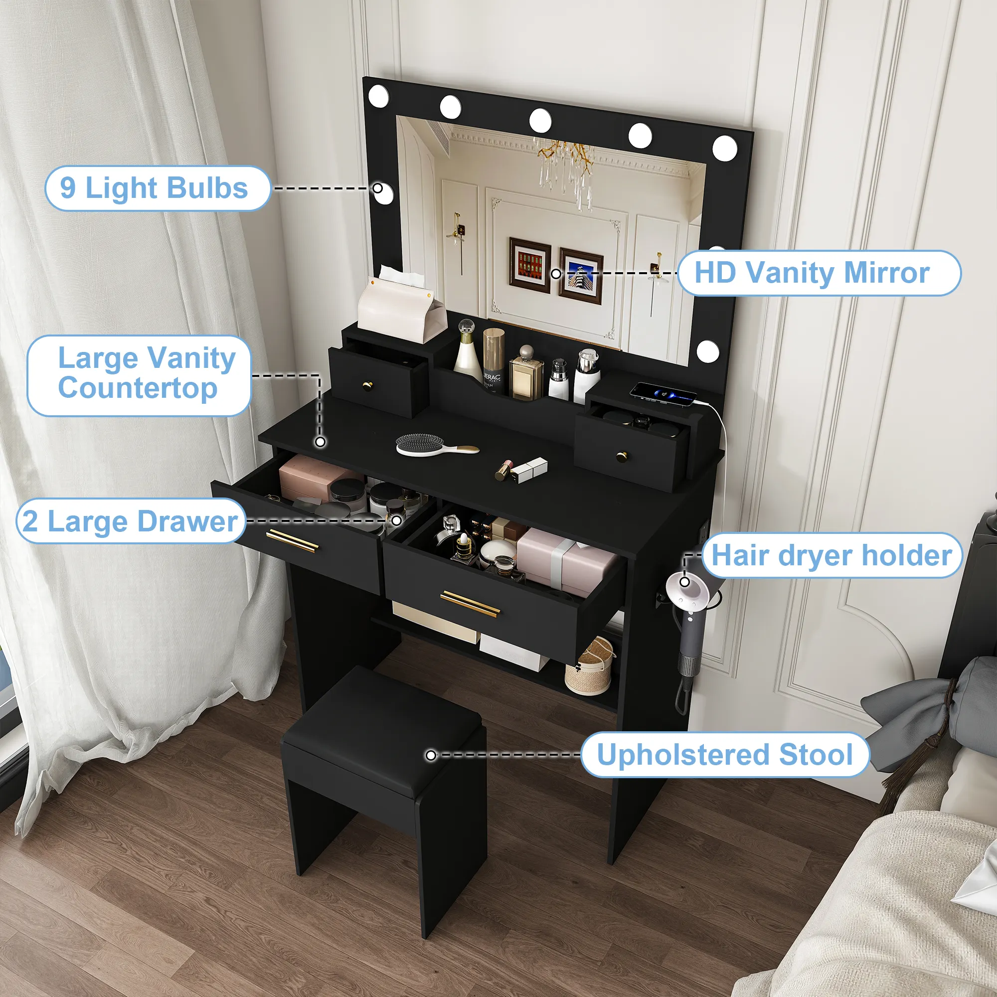 Makeup Vanity Desk With 9 Hollywood Bulbs