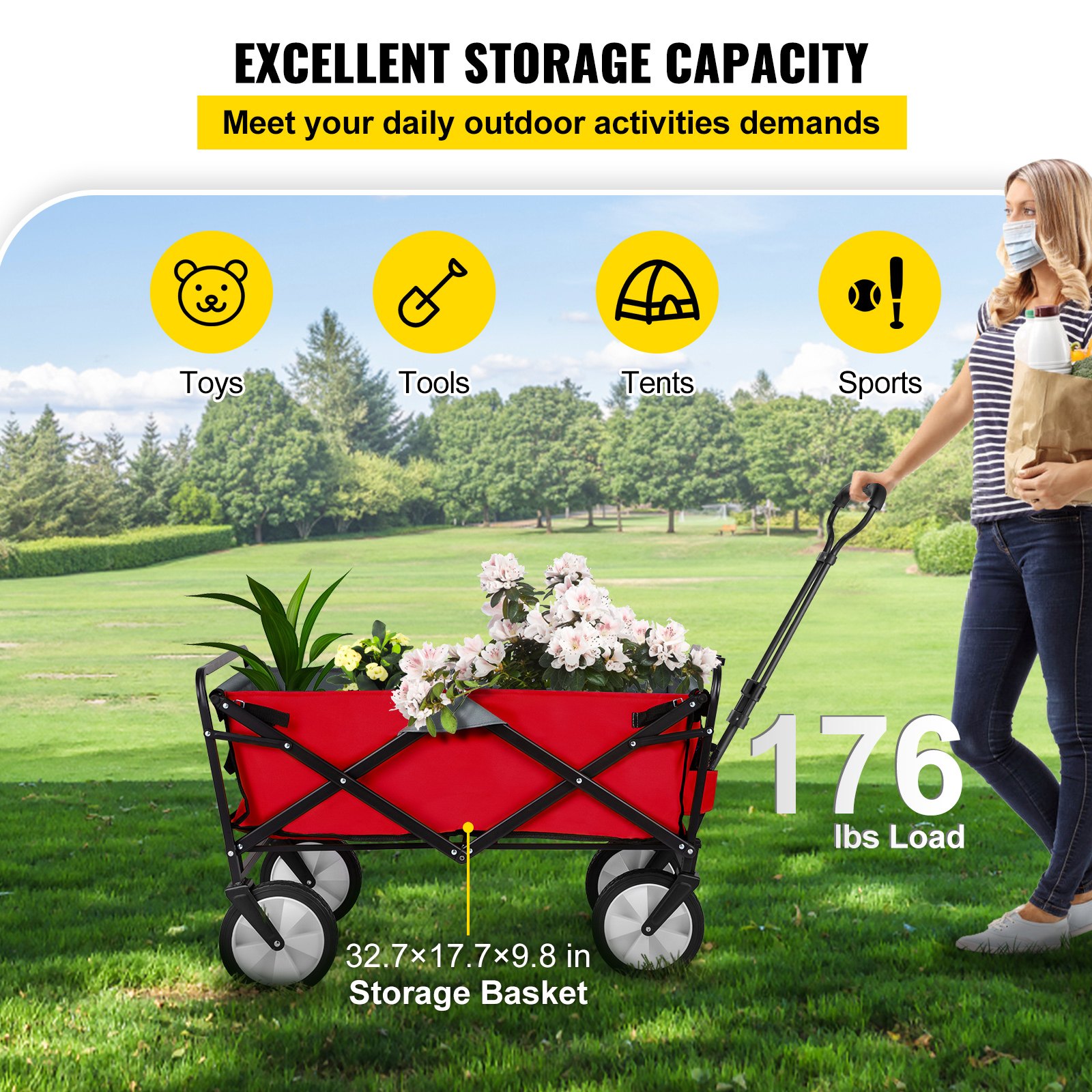 - Carrito Plegable Con Capacidad De 80 Kg, Para Uso En Exteriores, Jardín, Asa Ajustable, Portátil, Con Ruedas Para Playa, Camping Y Supermercado, Color Rojo/gris