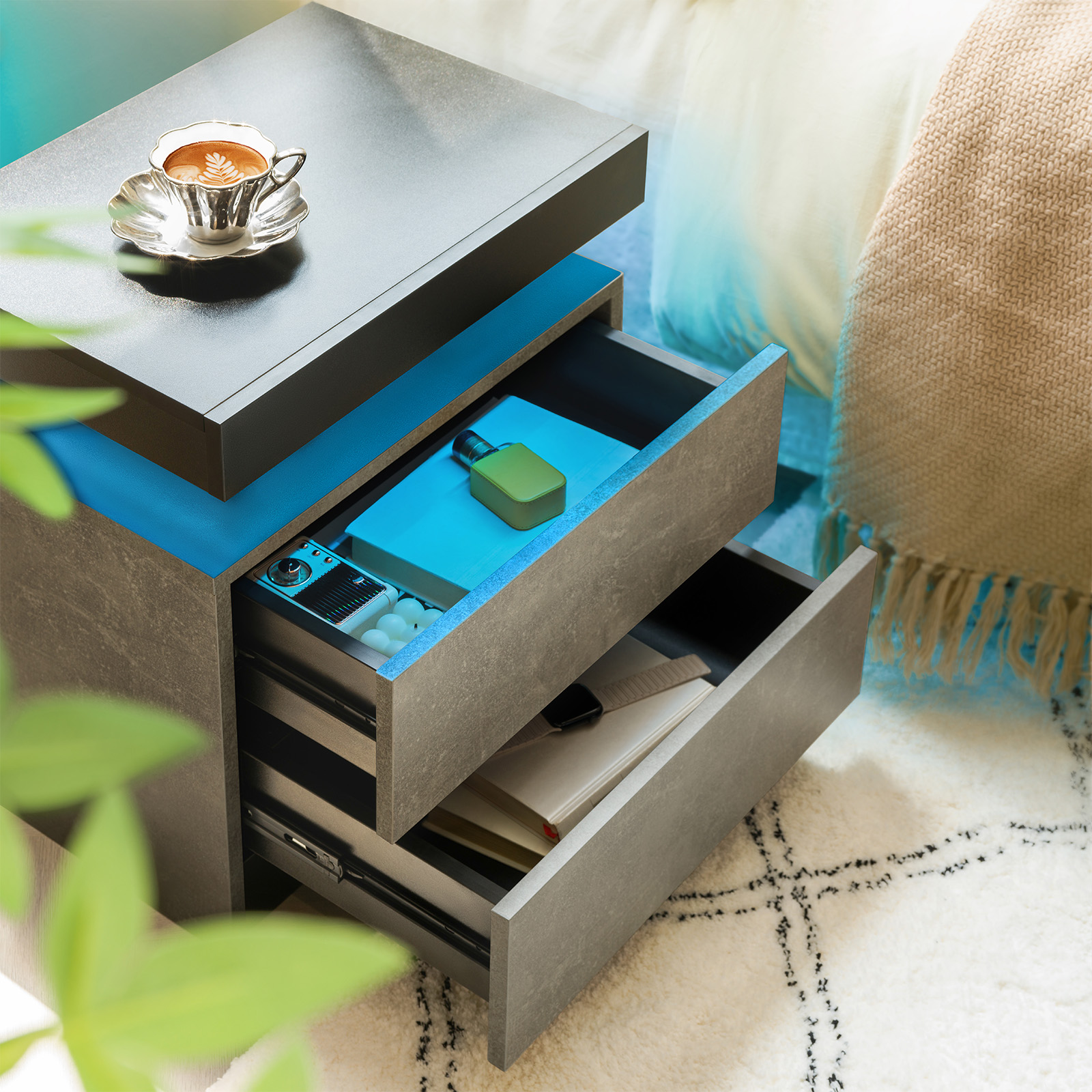 Nightstand LED Bedside Table Cabinet Lights Modern End Side With 2 Drawers — image 5