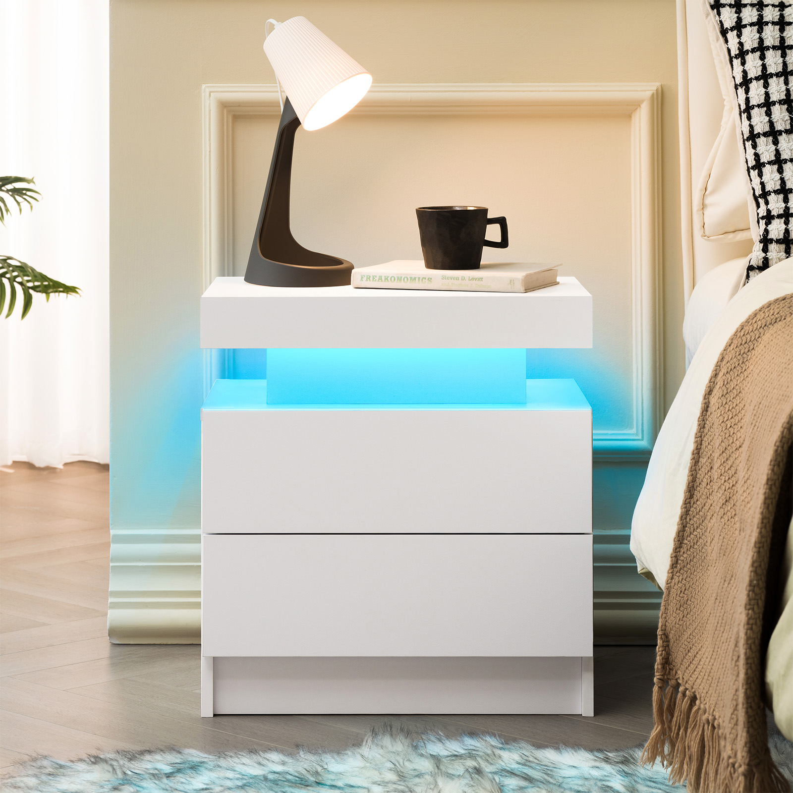 Nightstand LED Bedside Table Cabinet Lights Modern End Side With 2 Drawers For Bedroom White