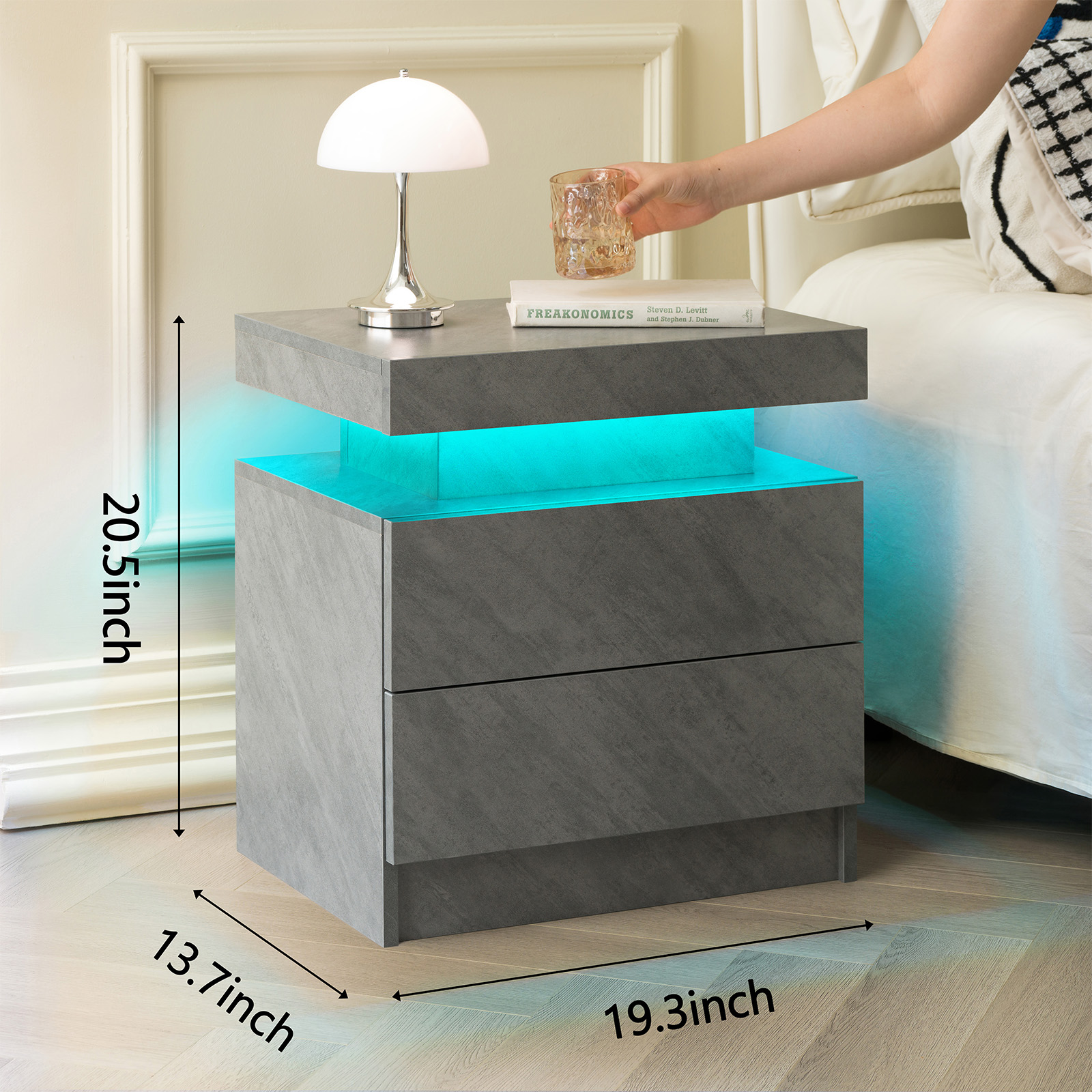 Nightstand LED Bedside Table Cabinet Lights Modern End Side With 2 Drawers — image 5