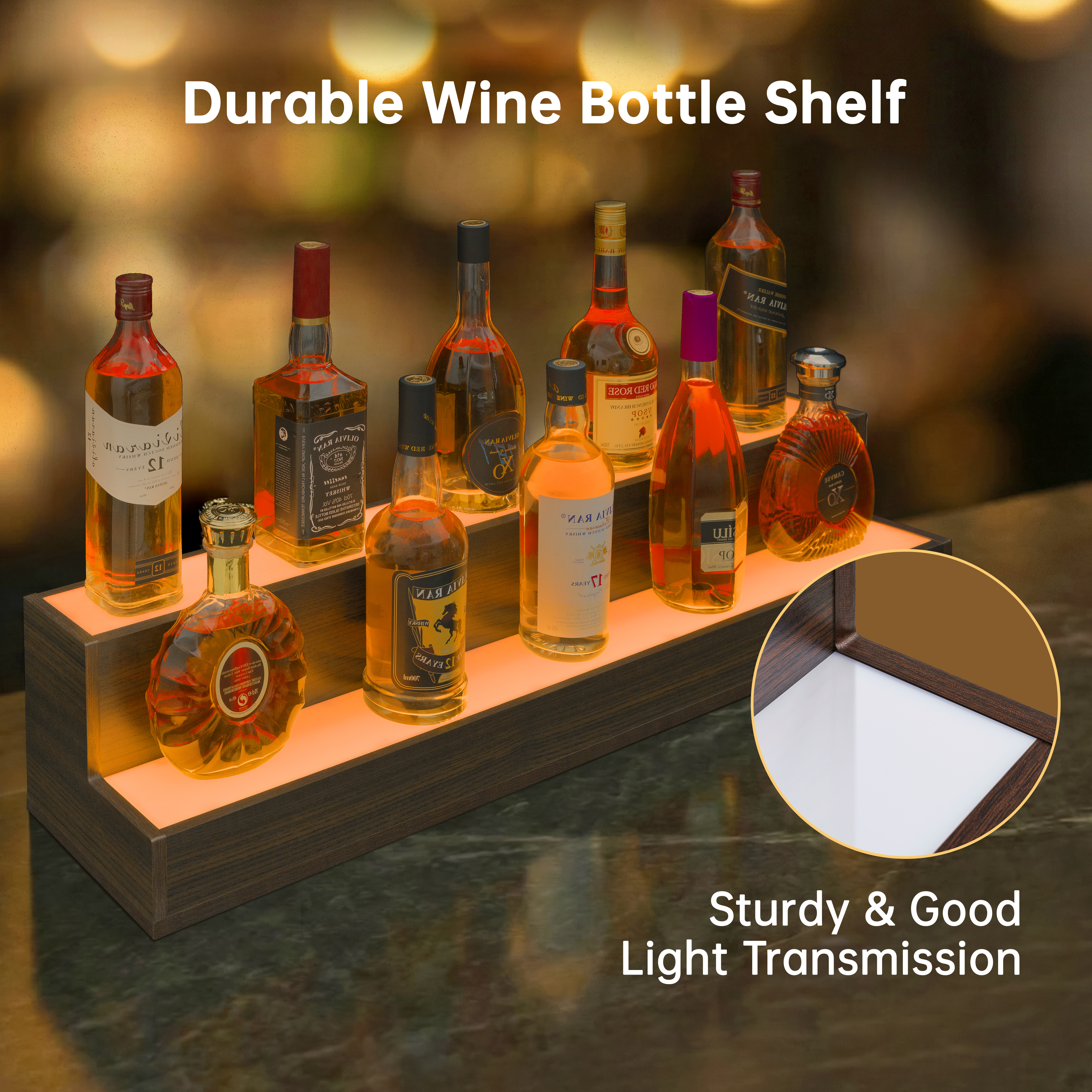 LED Lighted Liquor Bottle Display Shelf, 37 Inch Bar