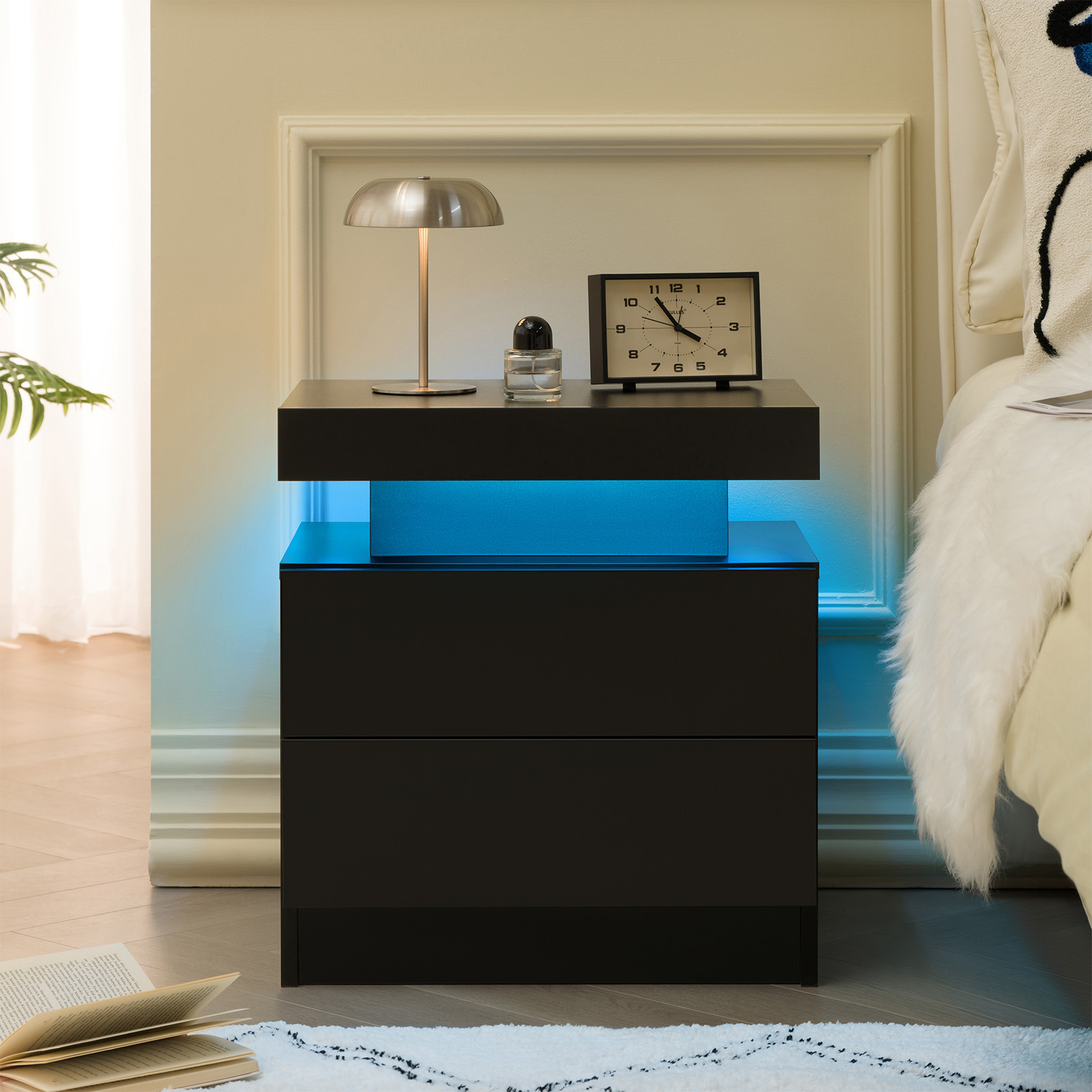 Nightstand LED Bedside Table Cabinet Lights Modern End Side With 2 Drawers For Bedroom Black