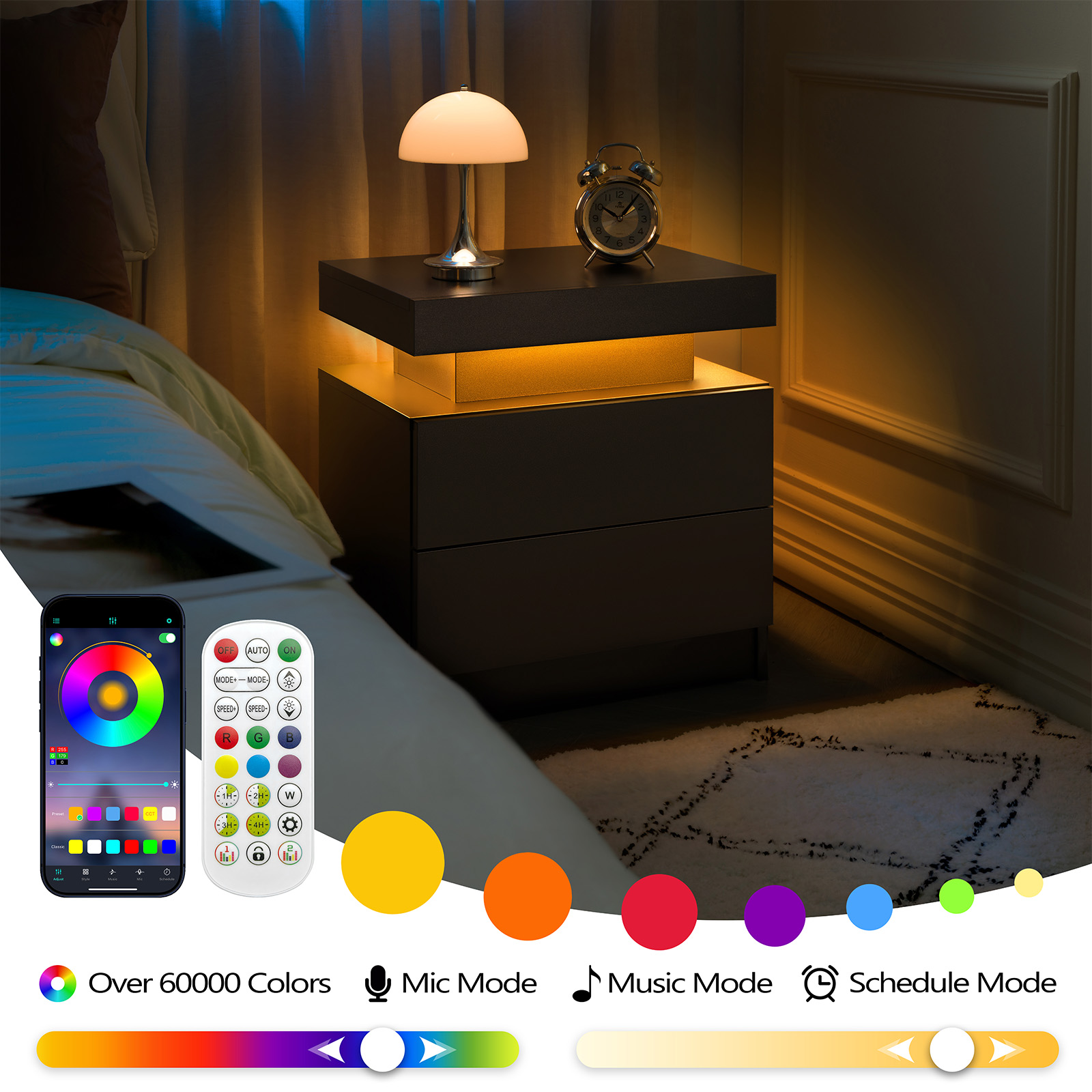 Nightstand LED Bedside Table Cabinet Lights Modern End Side With 2 Drawers — image 3
