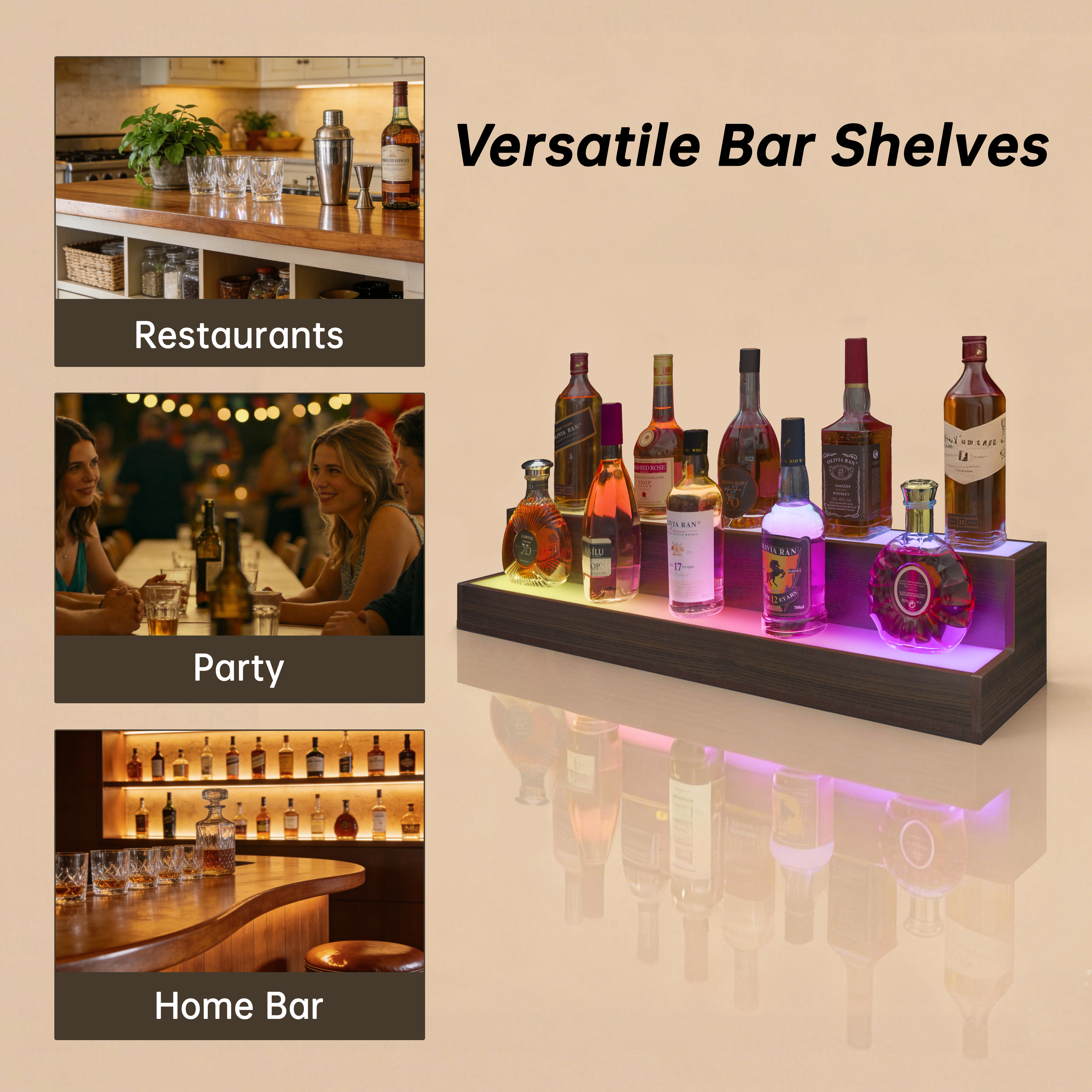 LED Lighted Liquor Bottle Display Shelf, 37 Inch Bar
