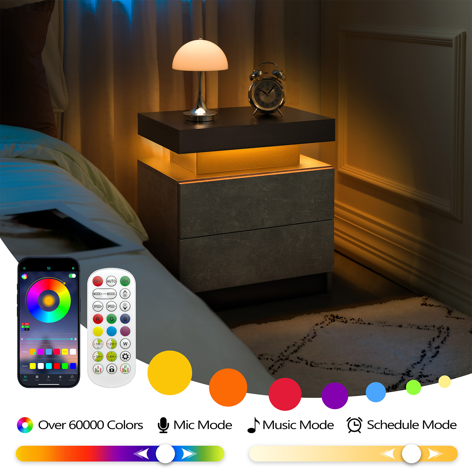 Nightstand LED Bedside Table Cabinet Lights Modern End Side With 2 Drawers — image 4