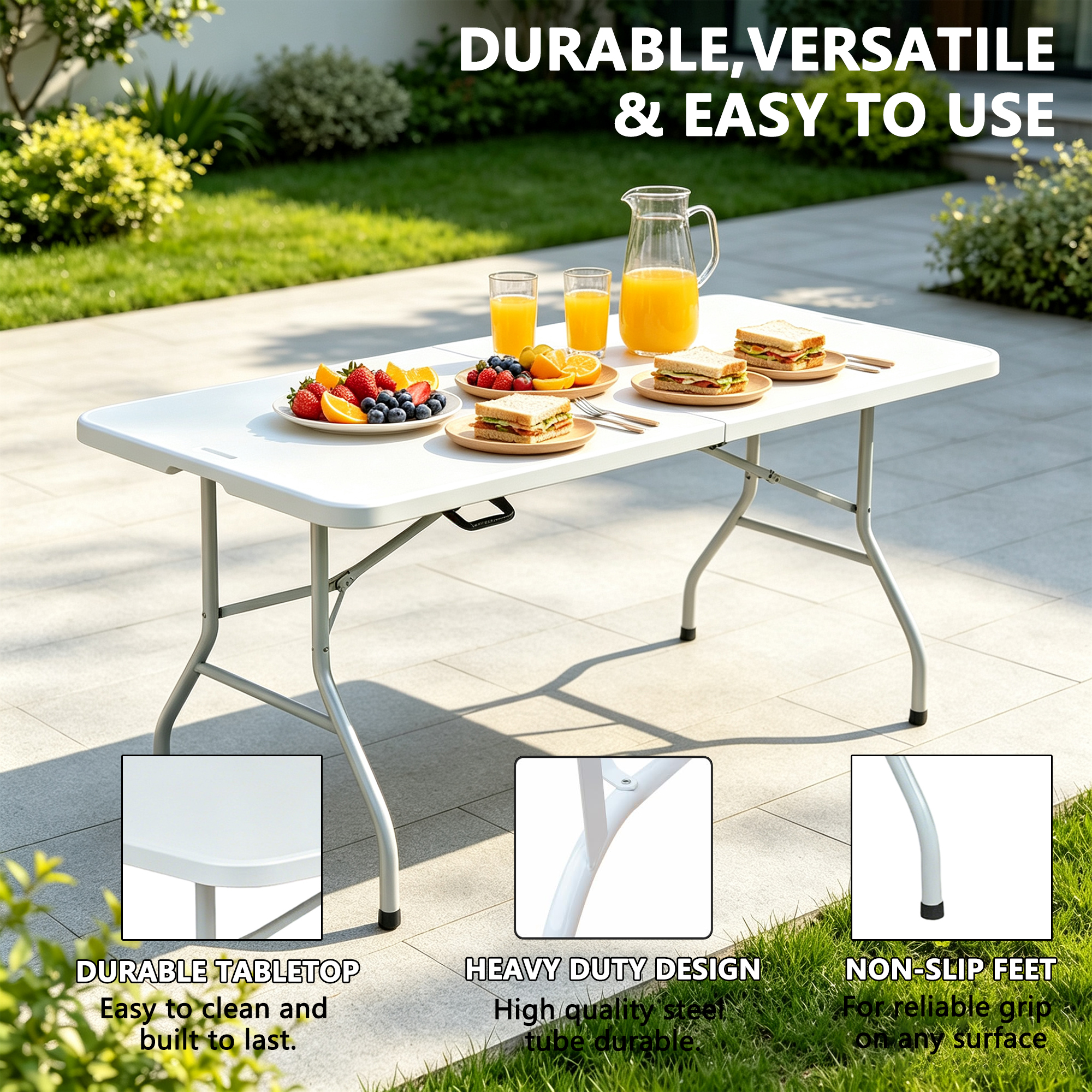 6ft Folding Table, Heavy Duty Portable Plastic With Carry Handle, Foldable — image 3