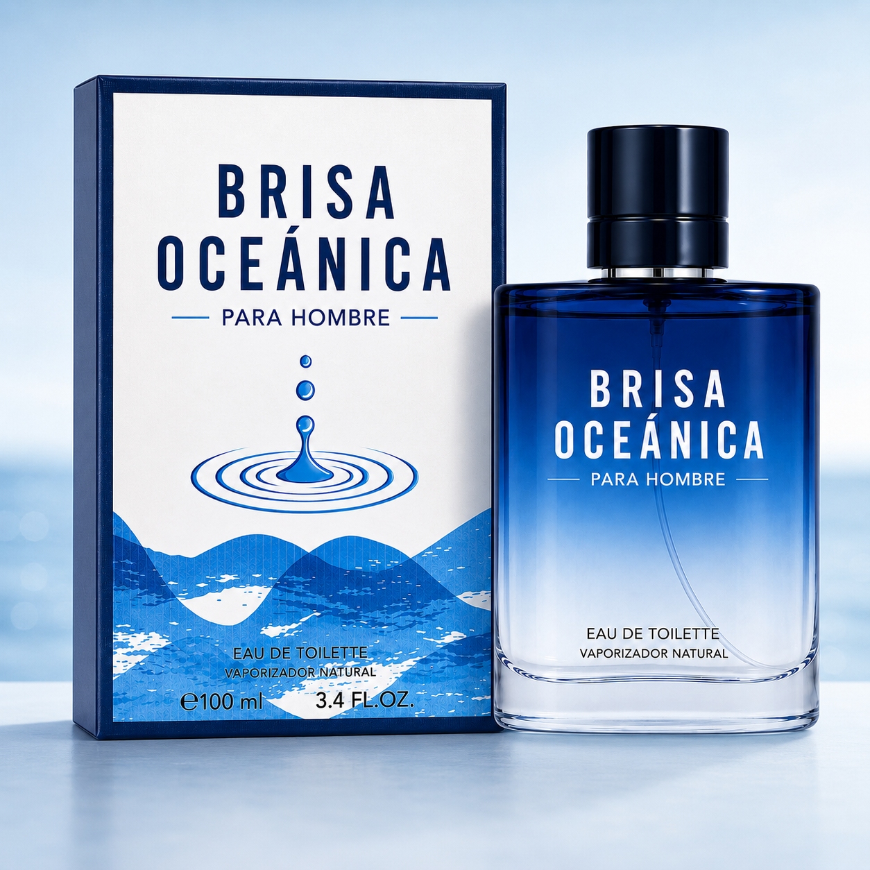 Perfume Para Hombre 100ml Eau De Toilette En Spray Fragancia Masculina Aroma Amaderado Acuático Fresco Botella Transparente En Degradado Azul Con Tapa Negra Brillante Atomizador