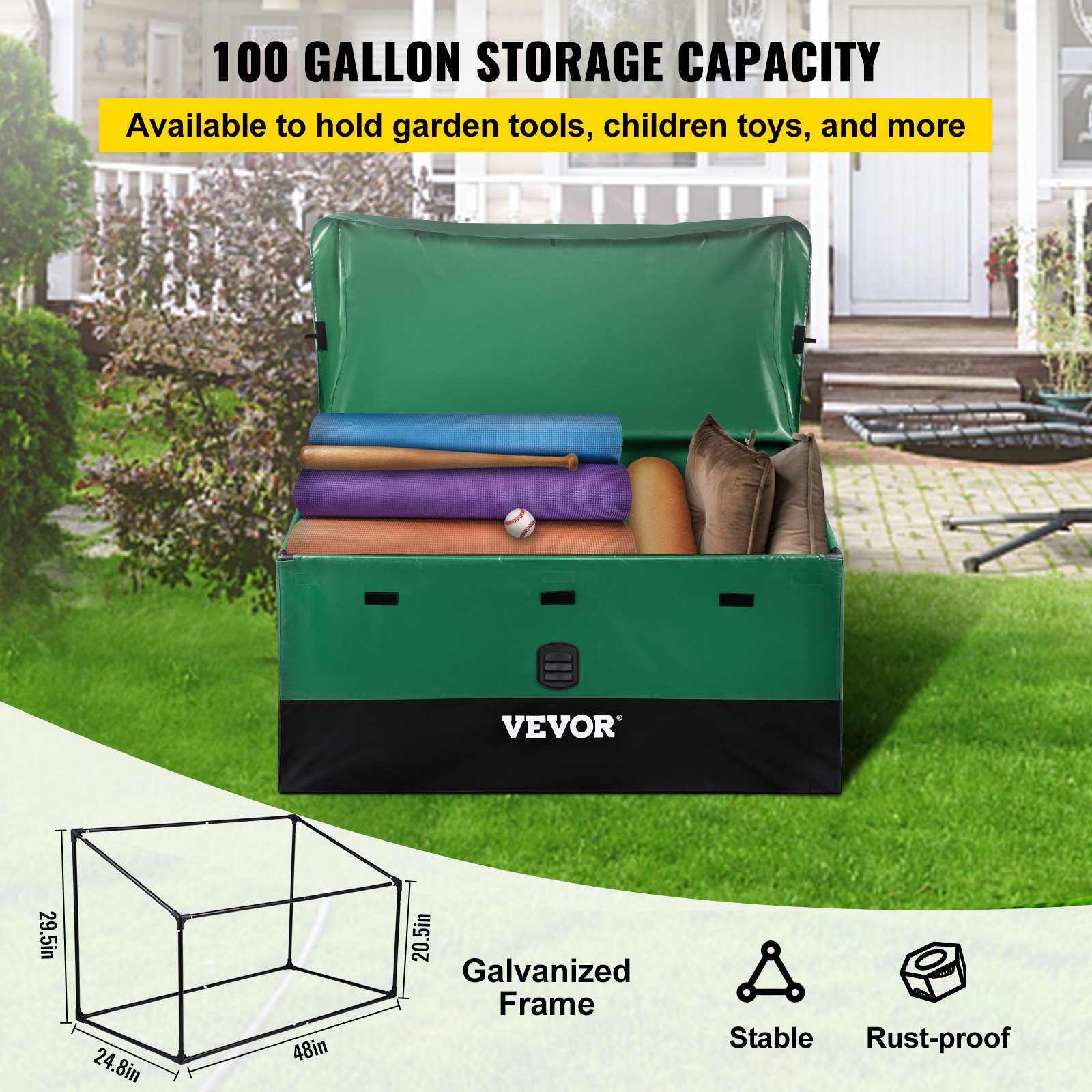 Caja Almacenamiento Exteriores,100 Galones,impermeable,de Lona Polietileno,con Marco Galvanizado,resistente Intemperie Portátil,para Camping,jardín,piscina Patio,color Marrón Azul