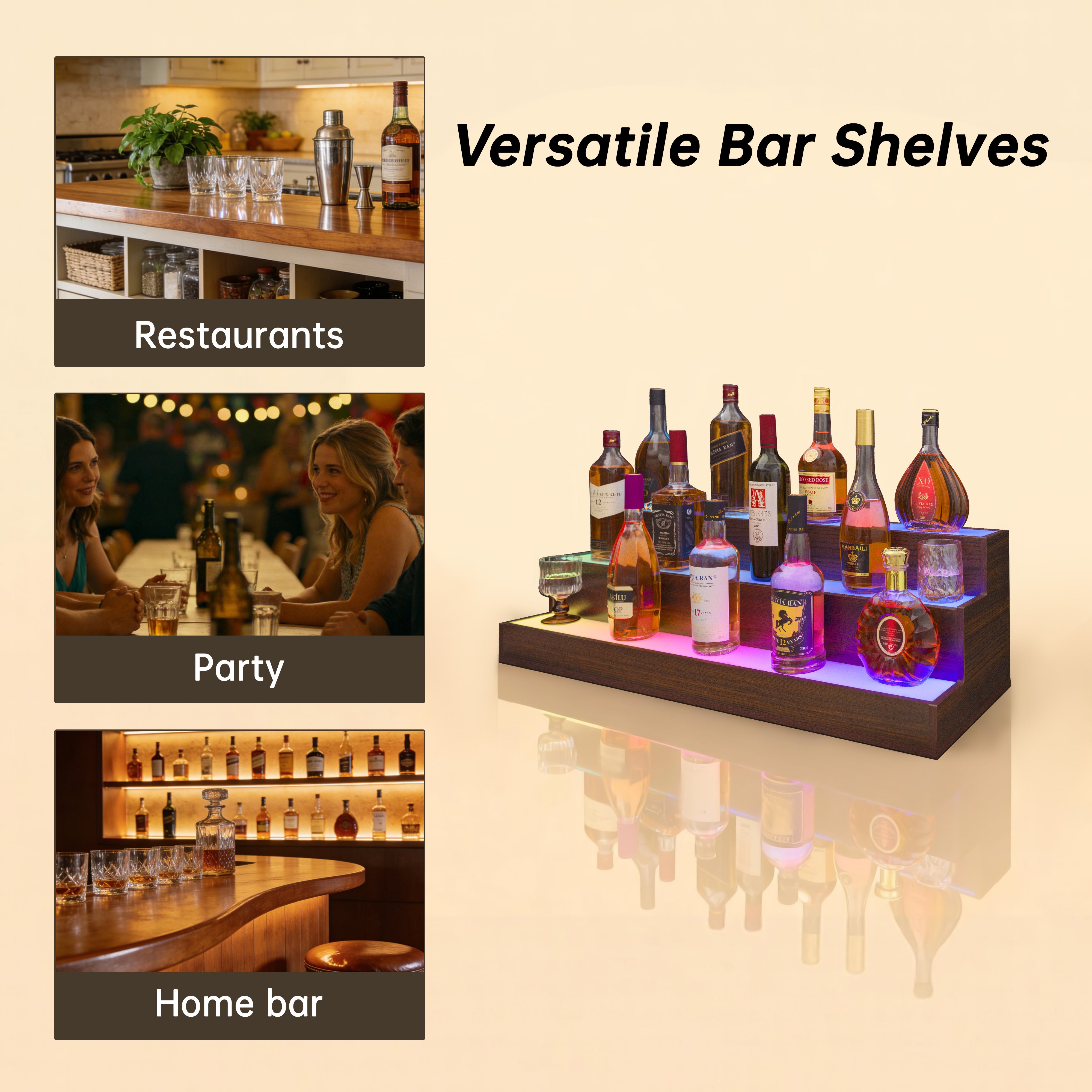 LED Lighted Liquor Bottle Display Shelf, 37 Inch Bar