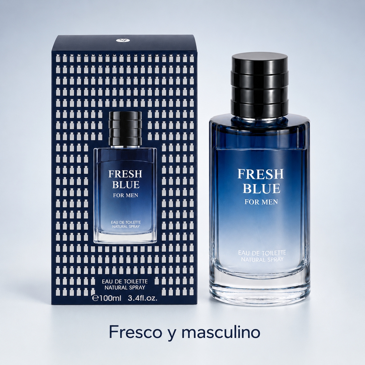 Perfume Para Hombre 100ml Eau De Toilette En Spray Fragancia Masculina Aroma Amaderado Nítido Y Sobrio Botella Transparente En Degradado Azul Con Tapa Negra Estriada Atomizador