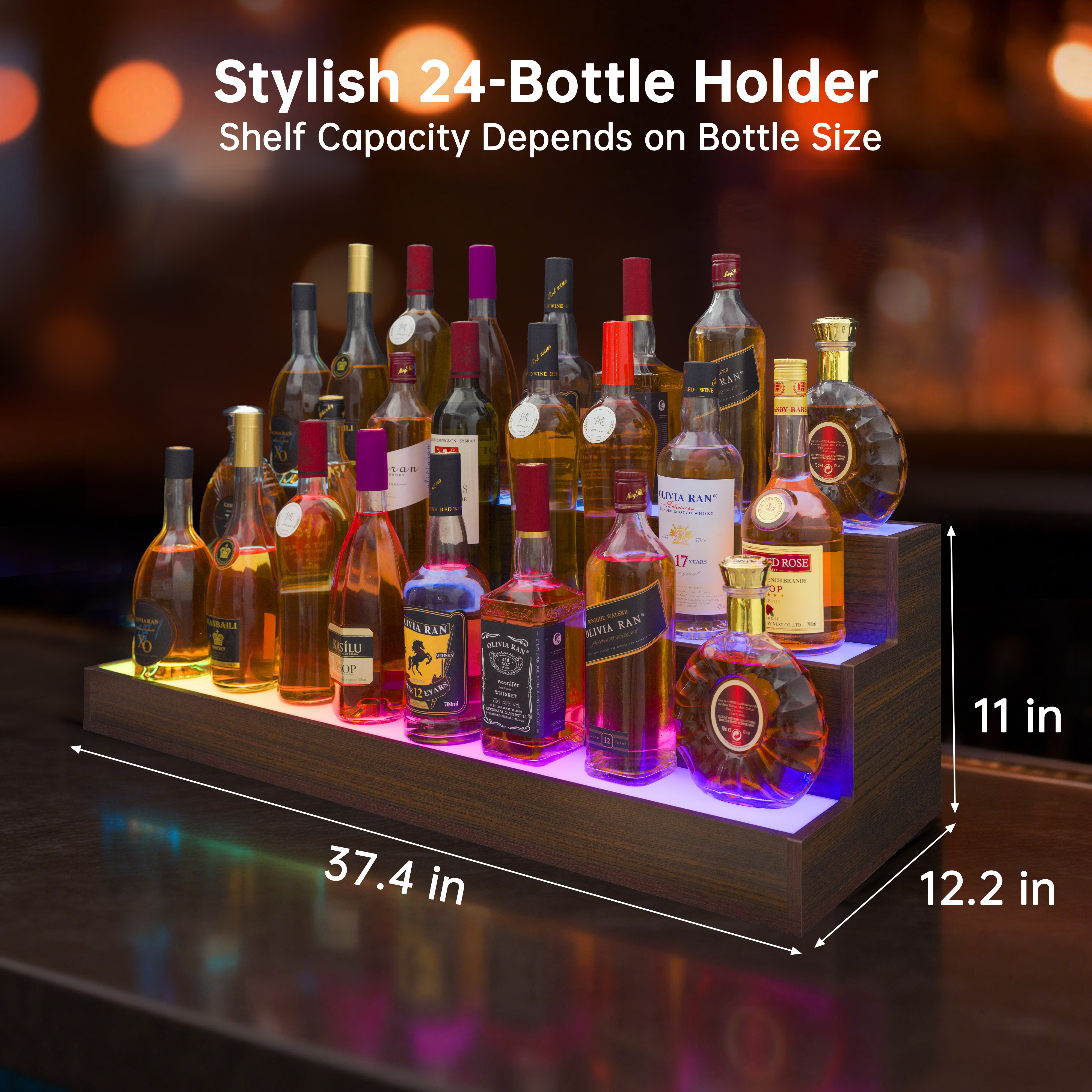 LED Lighted Liquor Bottle Display Shelf, 37 Inch Bar