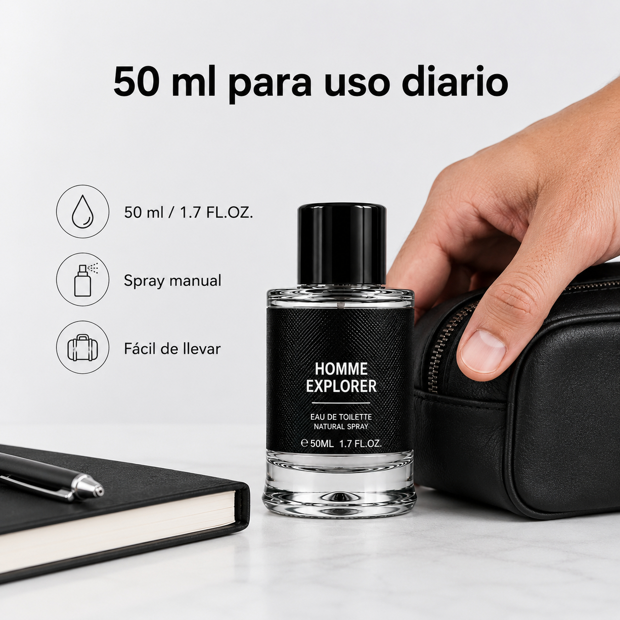 Perfume Para Hombre 50ml Eau De Toilette En Spray Fragancia Masculina Aroma Amaderado Frío Y Limpio Botella Transparente Con Textura Negra Y Tapa Brillante Atomizador Para Uso Diario Oficina