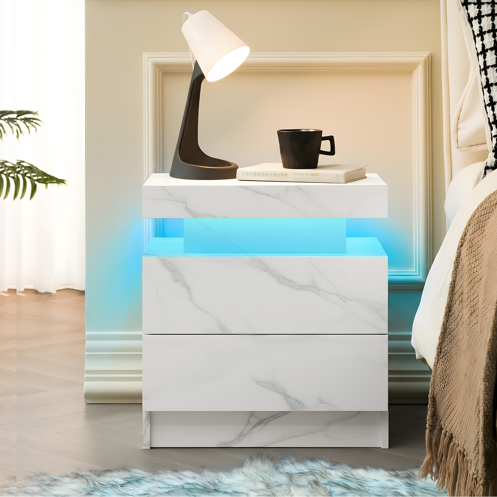 Nightstand LED Bedside Table Cabinet Lights Modern End Side With 2 Drawers For Bedroom White Stone