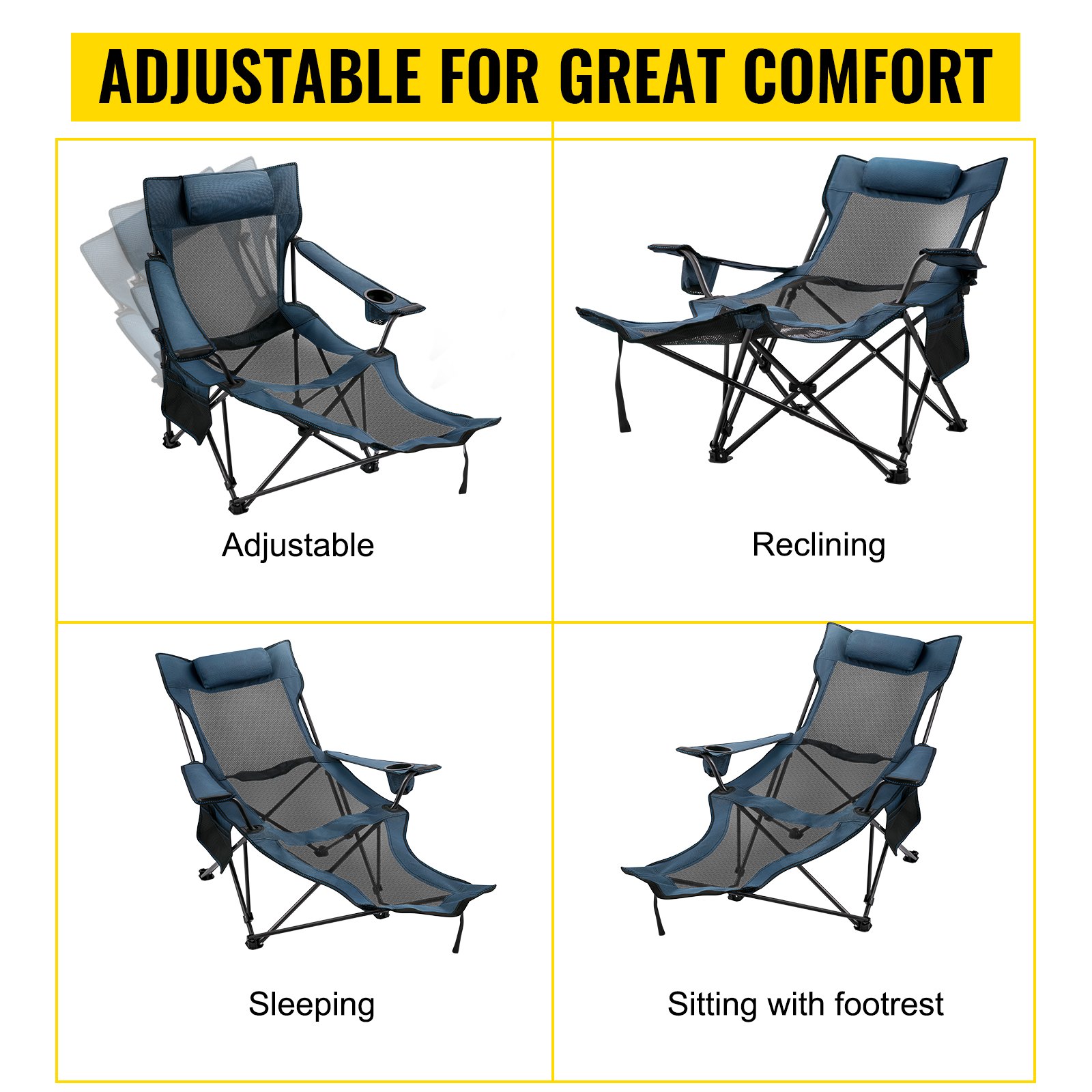 Silla De Camping Plegable Con Reposapiés De Malla, Sillón Portátil Con Bolsa De Almacenamiento Y Portavasos, Para Camping, Pesca Y Otras Actividades Al Aire Libre, Color Azul