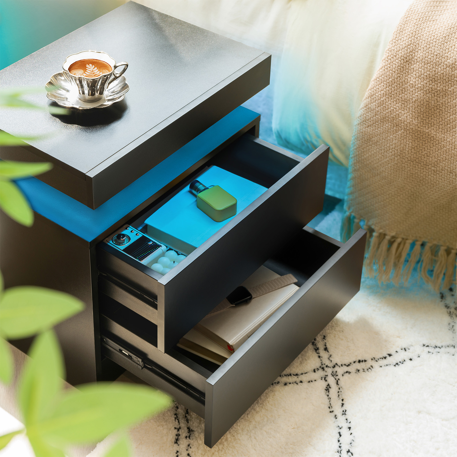 Nightstand LED Bedside Table Cabinet Lights Modern End Side With 2 Drawers — image 4