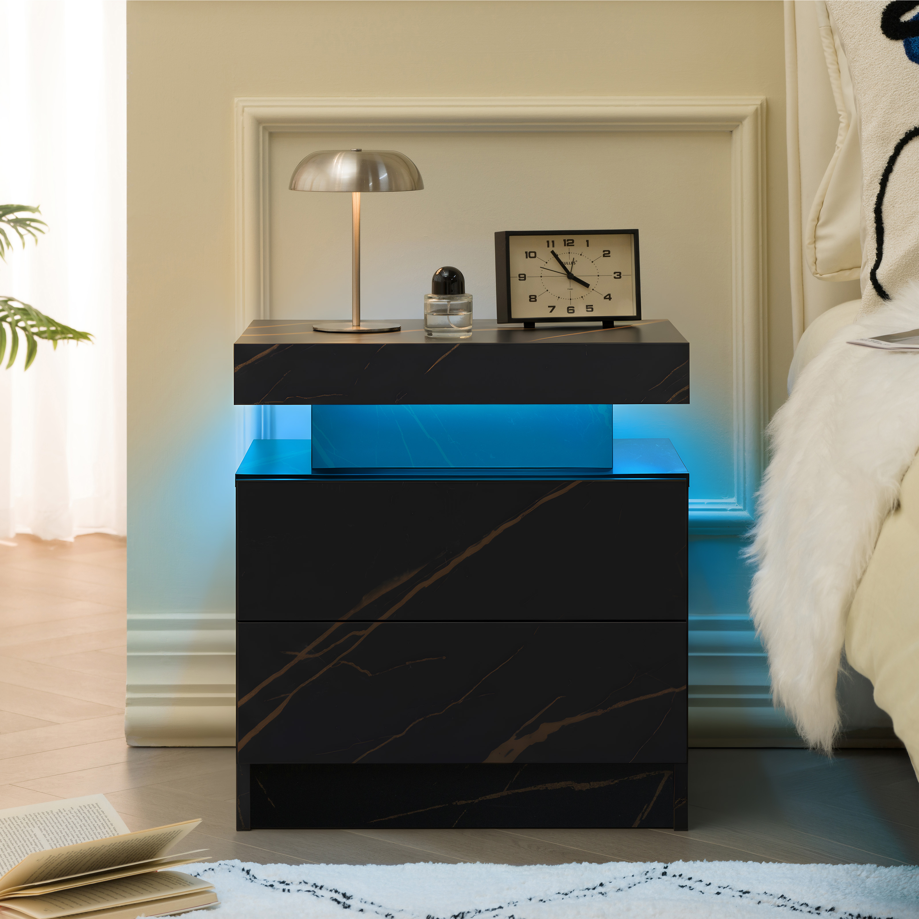 Nightstand LED Bedside Table Cabinet Lights Modern End Side With 2 Drawers For Bedroom Black Gold