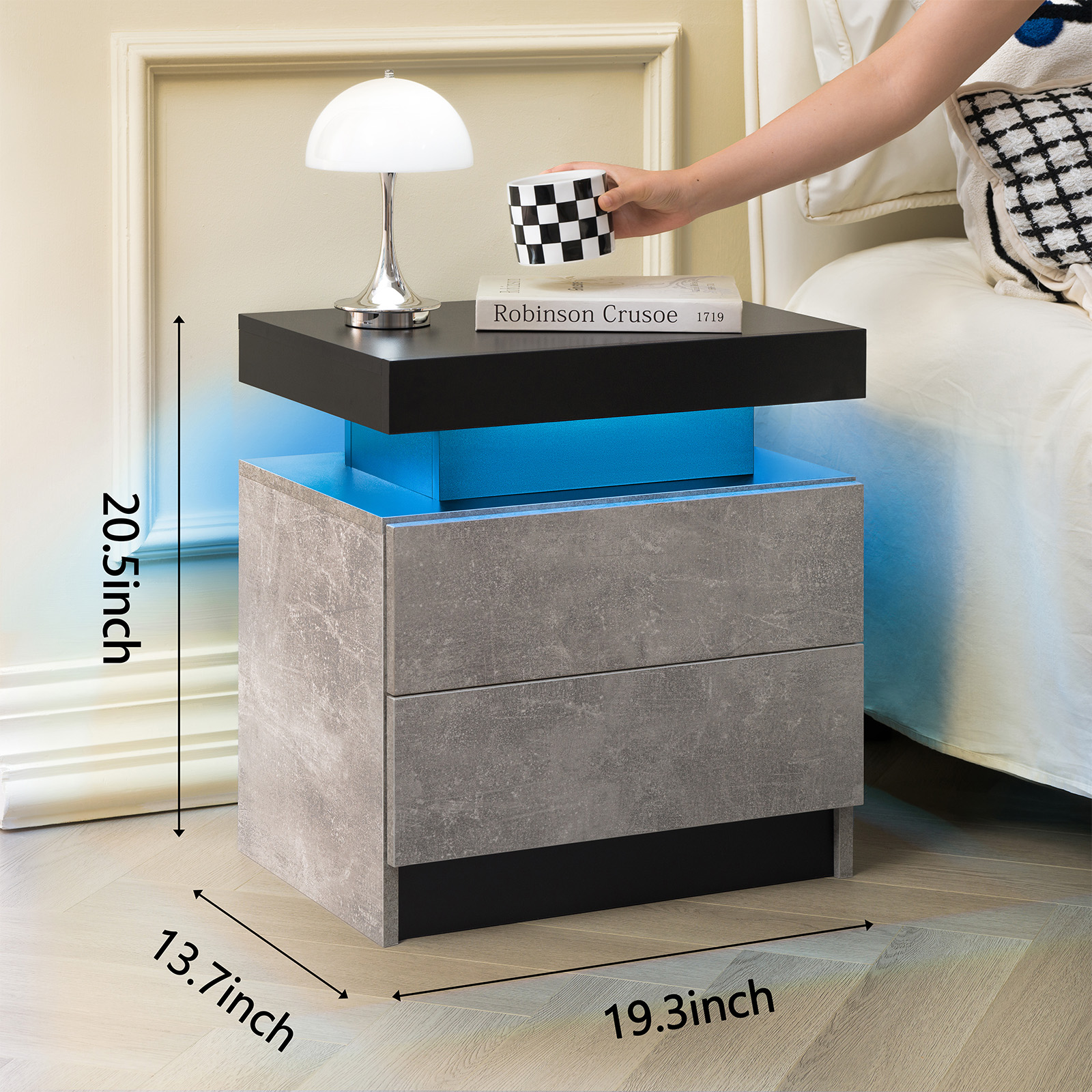 Nightstand LED Bedside Table Cabinet Lights Modern End Side With 2 Drawers