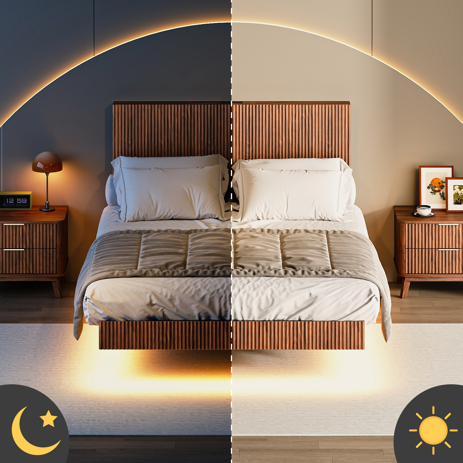 Modern Floating Bed With Recessed Detailing & Headboard, Fitted LED Ambient — image 3