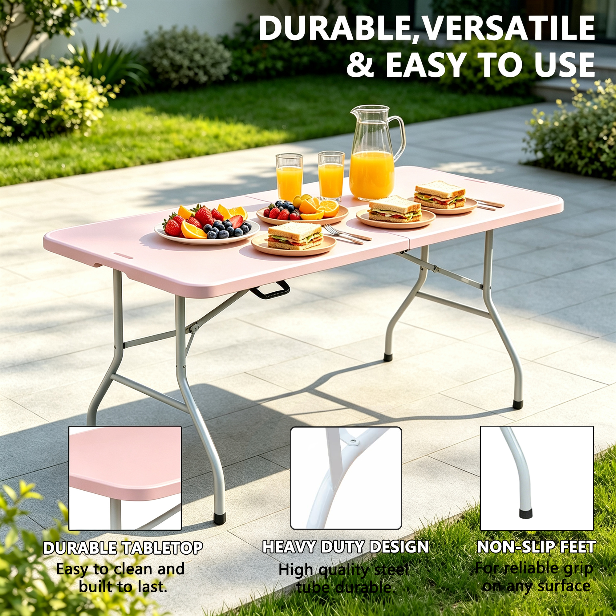 6ft Folding Table, Heavy Duty Portable Plastic With Carry Handle, Foldable — image 4