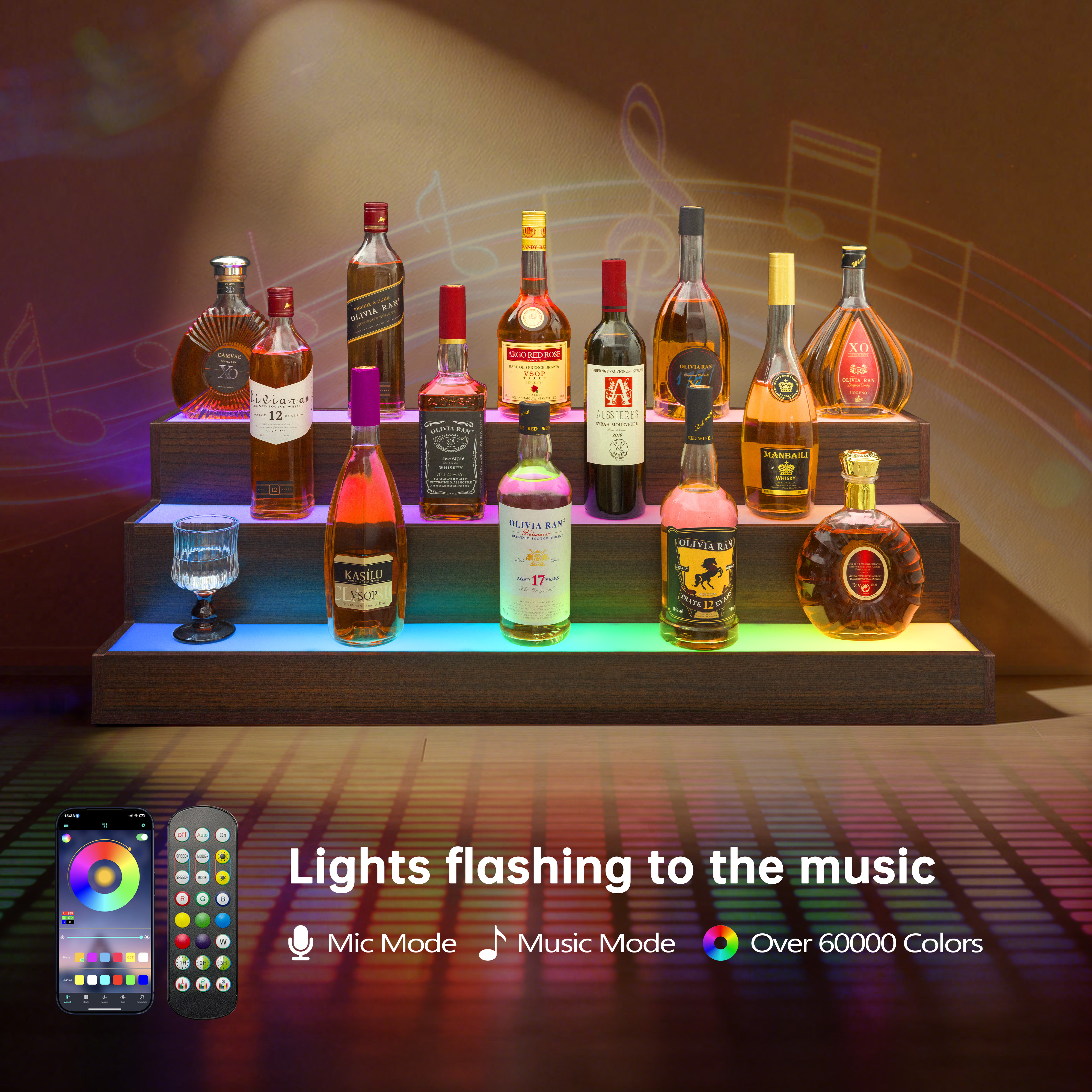 LED Lighted Liquor Bottle Display Shelf, 37 Inch Bar