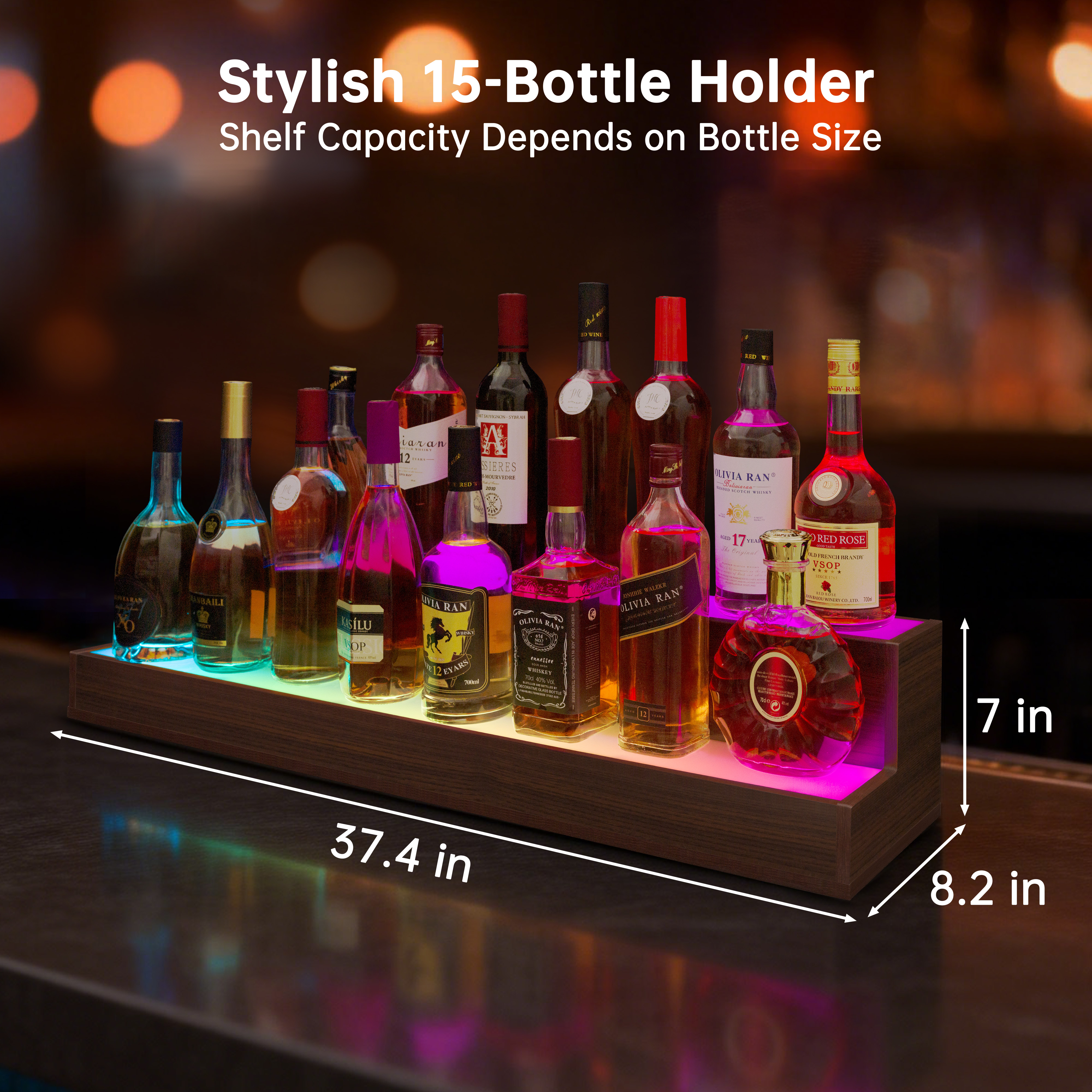 LED Lighted Liquor Bottle Display Shelf, 37 Inch Bar