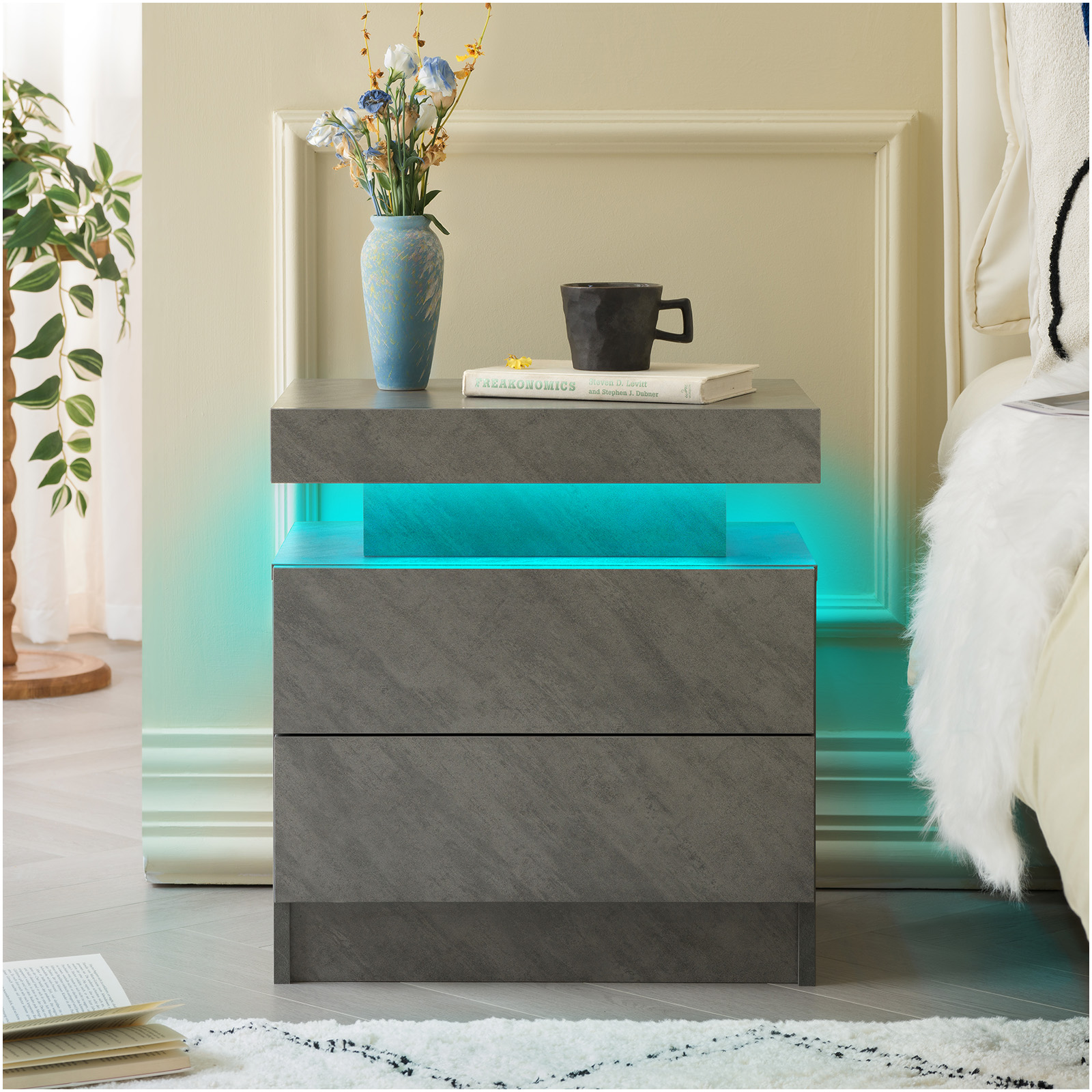 Nightstand LED Bedside Table Cabinet Lights Modern End Side With 2 Drawers For Bedroom Gray