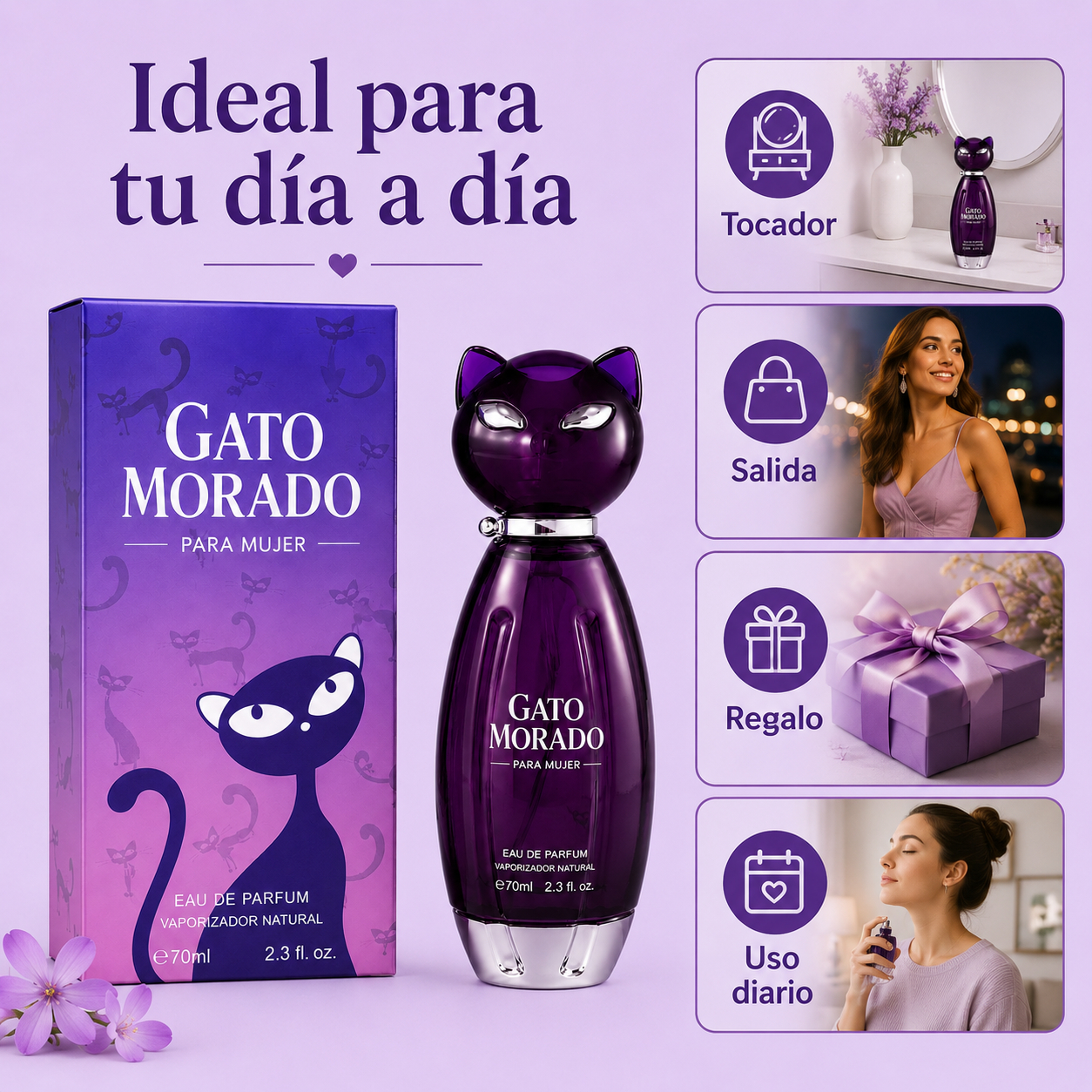 Perfume Para Mujer 70ml Eau De Parfum En Spray Fragancia Femenina Aroma Floral Afrutado Suave Y Dulce Botella Púrpura Con Tapa En Forma De Gato Y Detalles Plateados Atomizador Self-pickup only