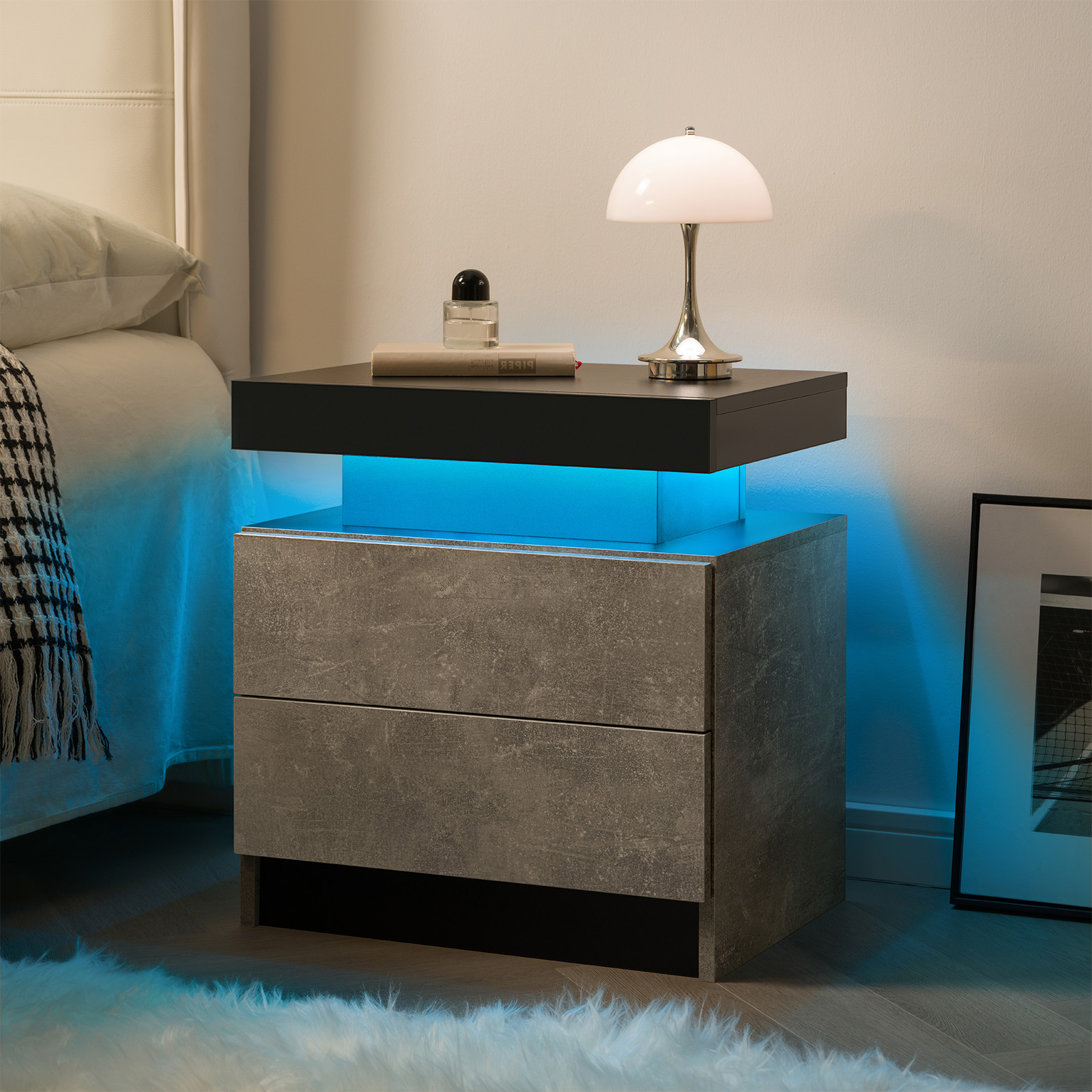 Nightstand LED Bedside Table Cabinet Lights Modern End Side With 2 Drawers — image 2