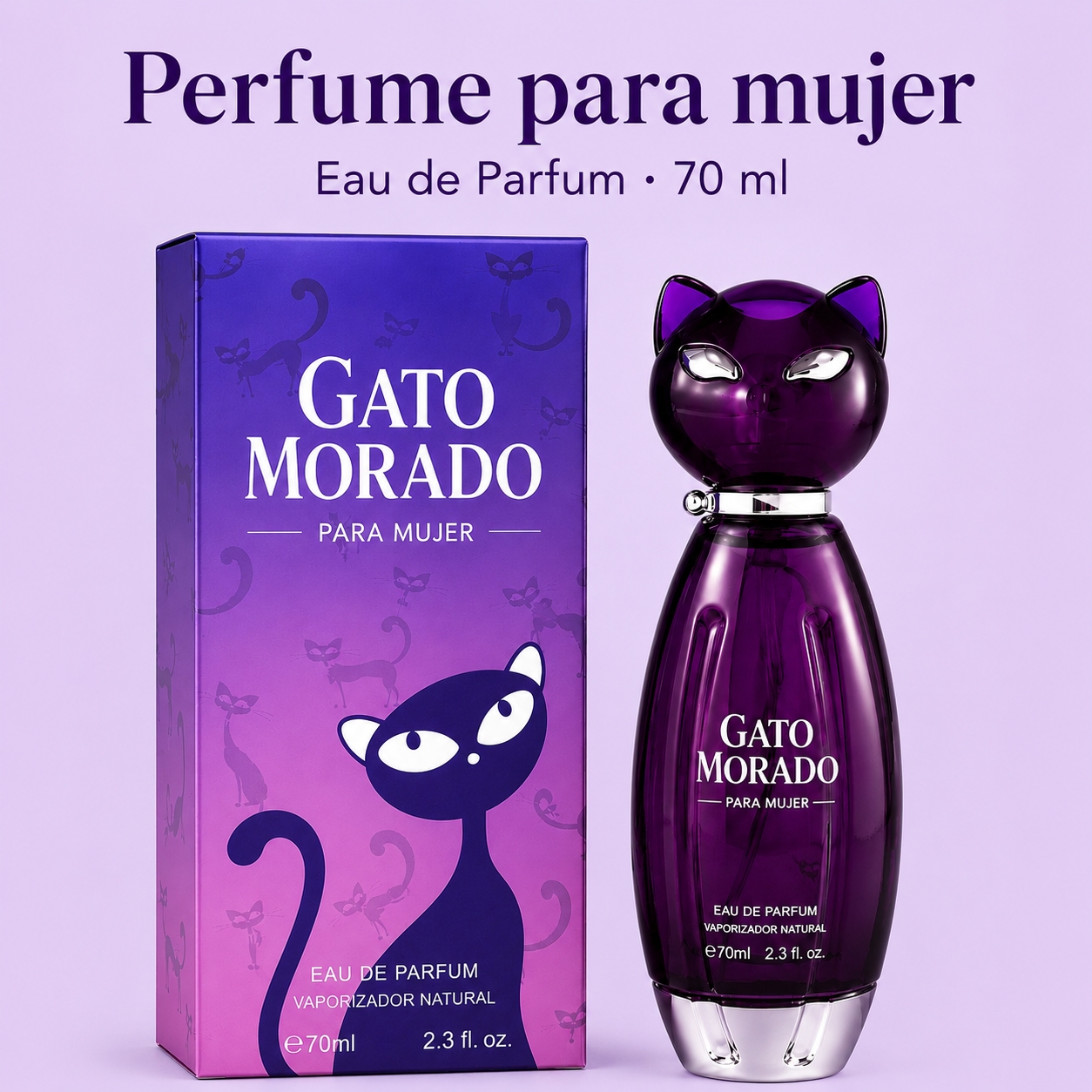 Perfume Para Mujer 70ml Eau De Parfum En Spray Fragancia Femenina Aroma Floral Afrutado Suave Y Dulce Botella Púrpura Con Tapa En Forma De Gato Y Detalles Plateados Atomizador