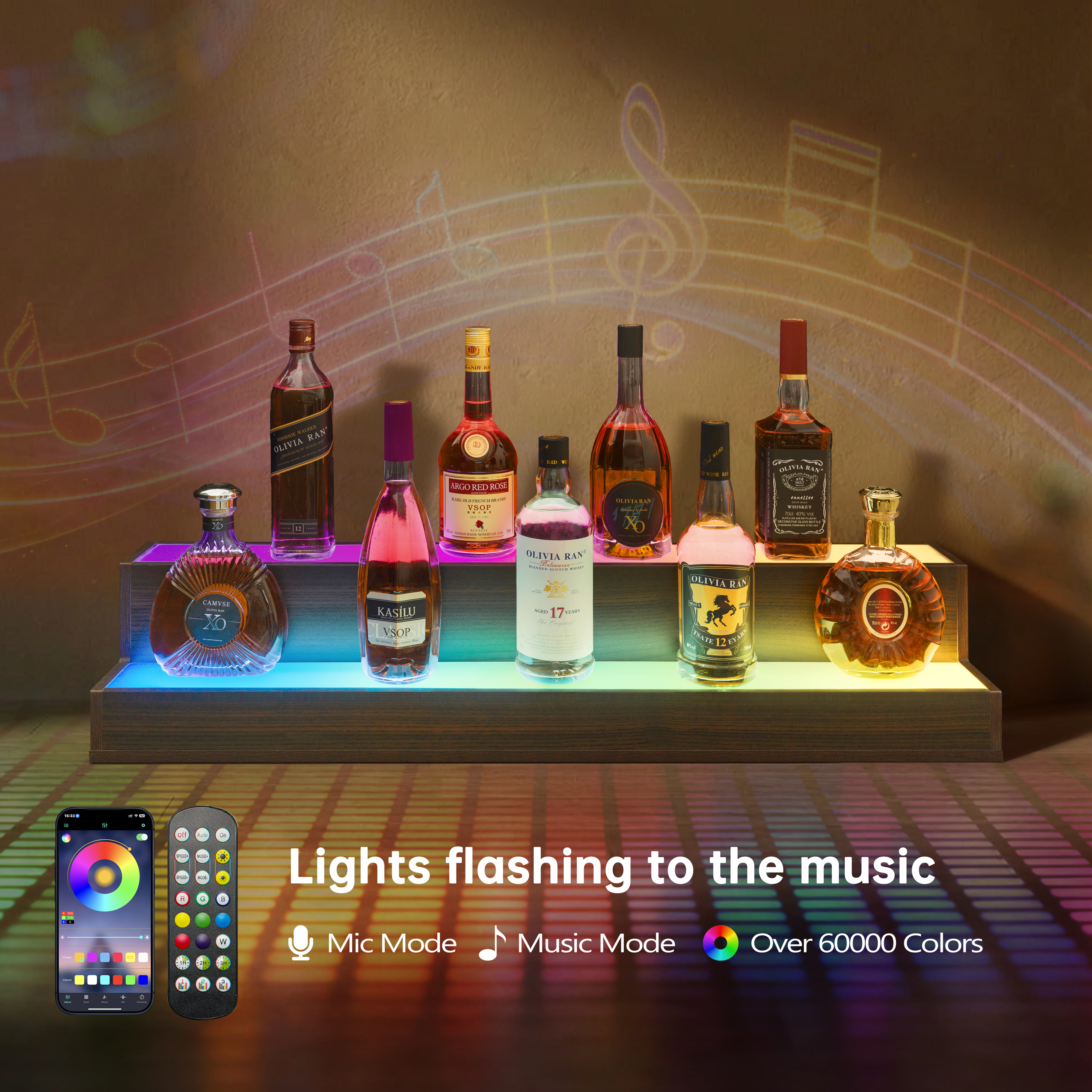 LED Lighted Liquor Bottle Display Shelf, 37 Inch Bar