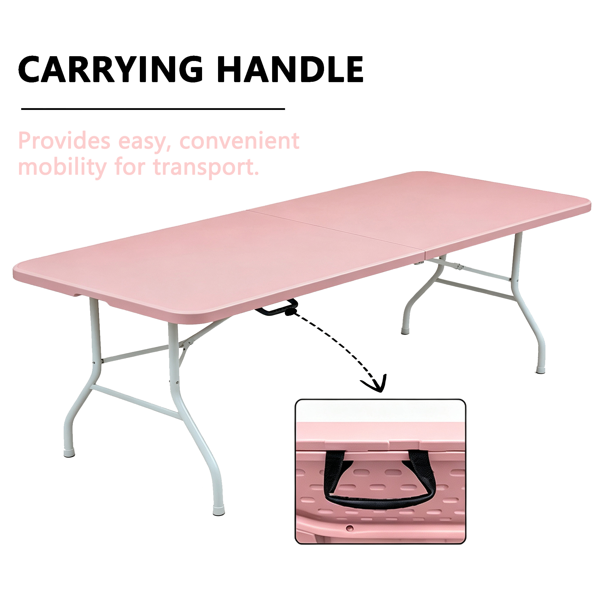 6ft Folding Table, Heavy Duty Portable Plastic Table With Carry Handle, Foldable Utility Table For Indoor Outdoor, Dining, Party, BBQ, Camping, Pink