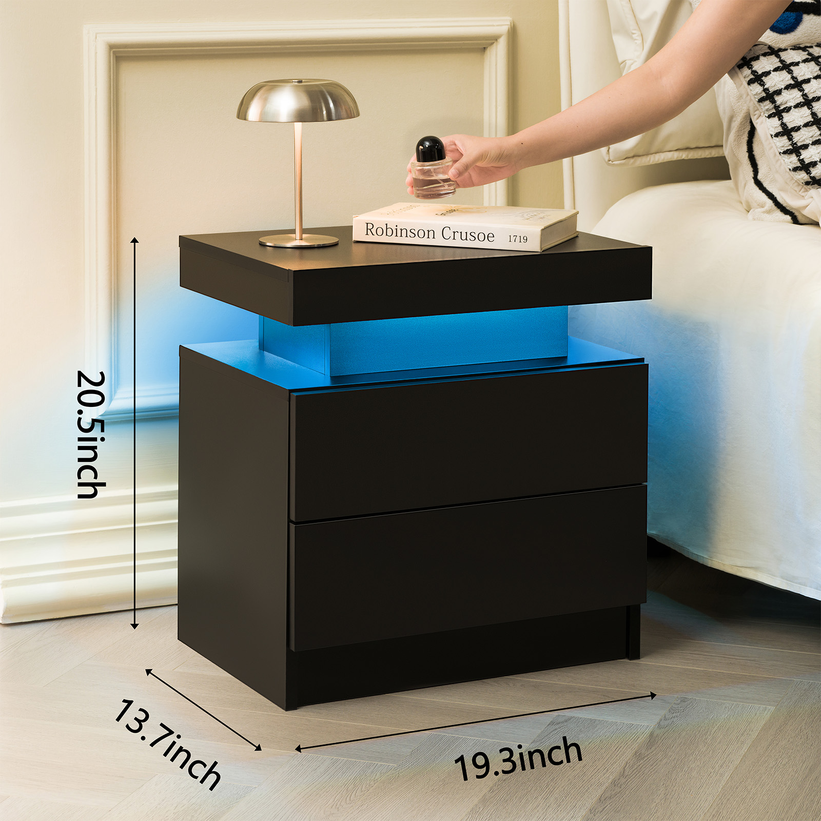 Nightstand LED Bedside Table Cabinet Lights Modern End Side With 2 Drawers — image 2
