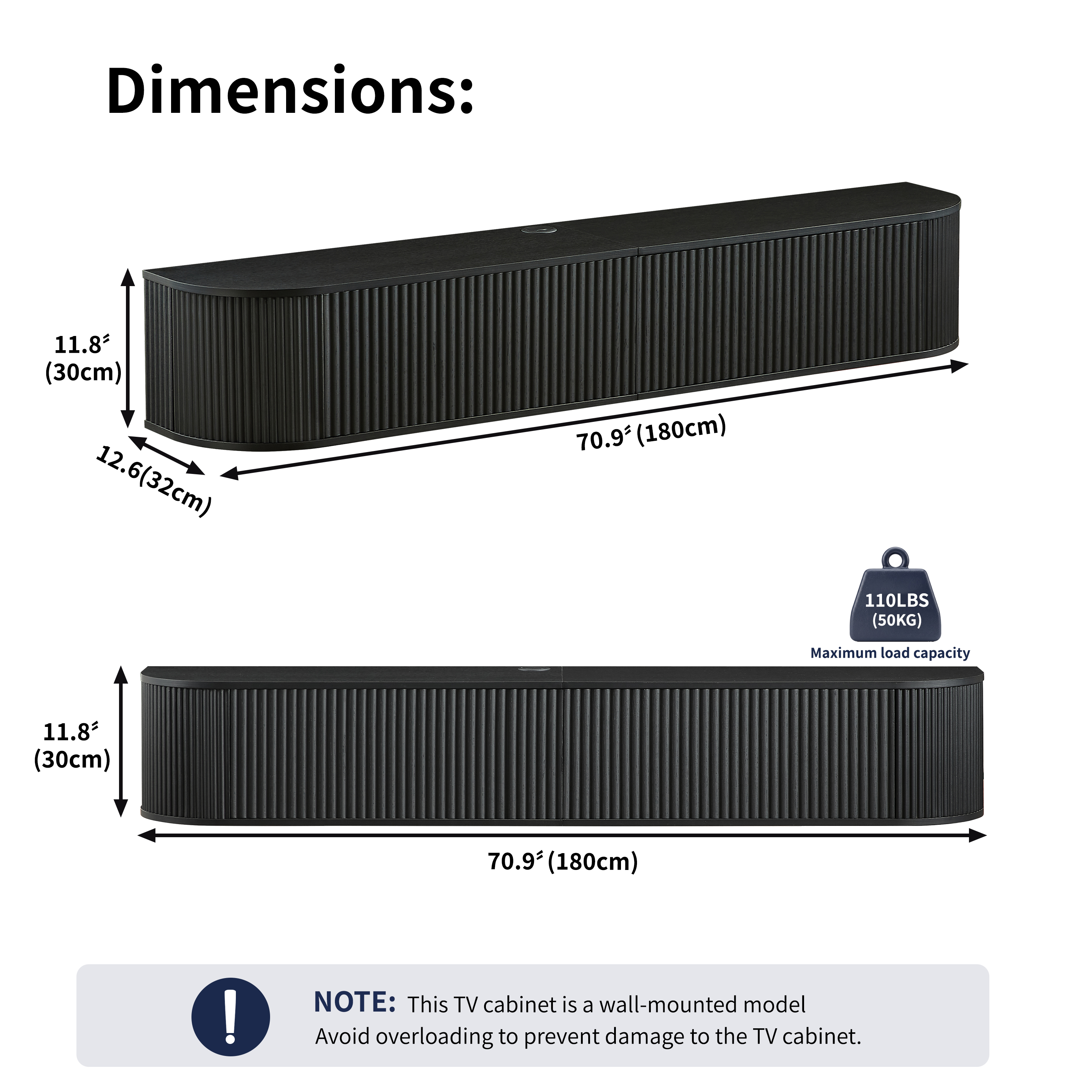 180cm Wall Mounted Floating TV Cabinet With Fluted Doors, Large Capacity Media — image 5