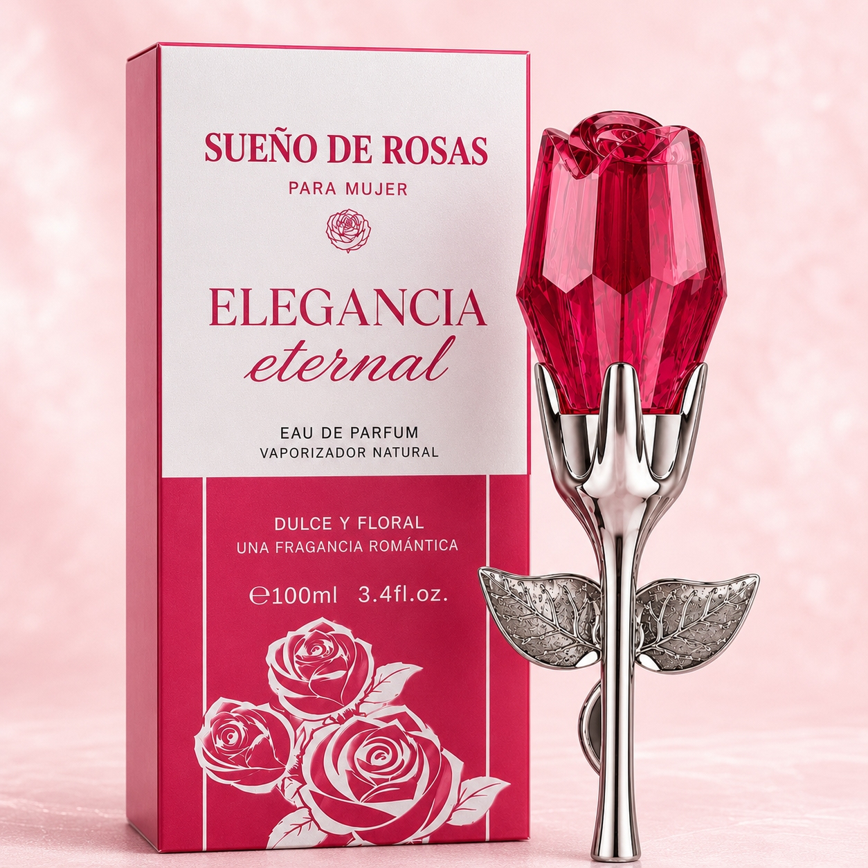 Perfume Para Mujer 100ml Eau De Parfum En Spray Fragancia Femenina Aroma Floral Dulce Y Romántico Botella En Forma De Rosa Roja Con Tallo Y Hojas Plateadas Atomizador