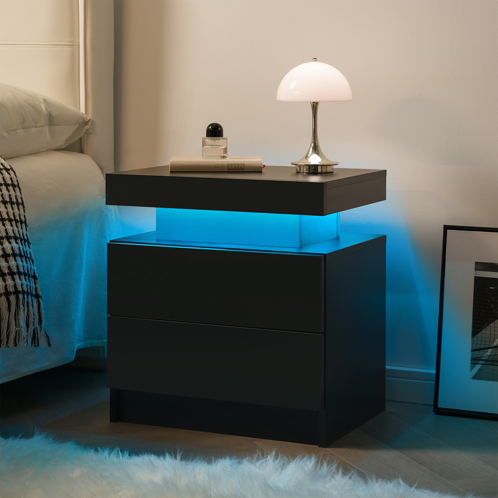 Nightstand LED Bedside Table Cabinet Lights Modern End Side With 2 Drawers — image 5
