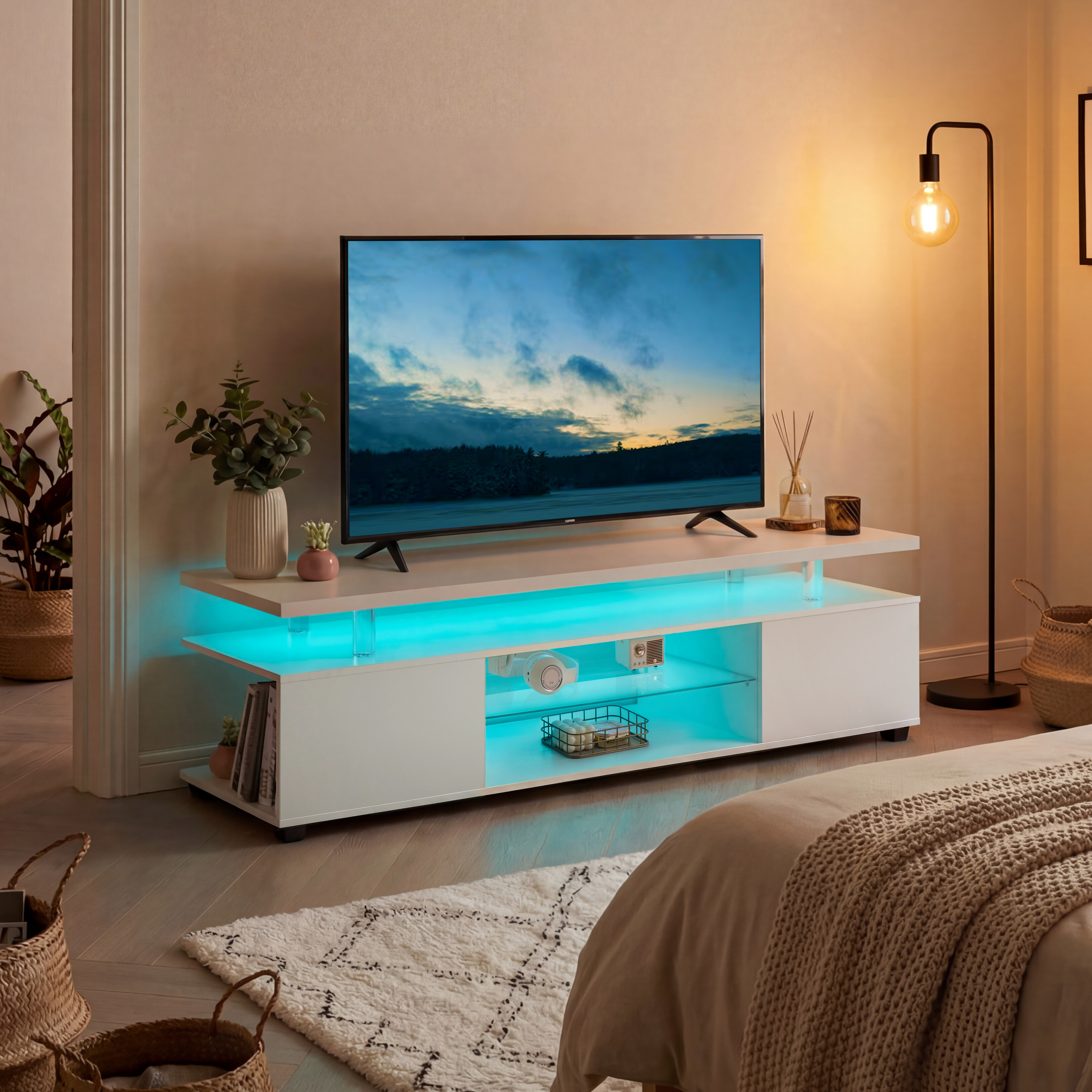 TV Stand For 60 Inch TV LED Gaming Entertainment Center Media Storage Console Table With Large Side Cabinet For Living Room White 2