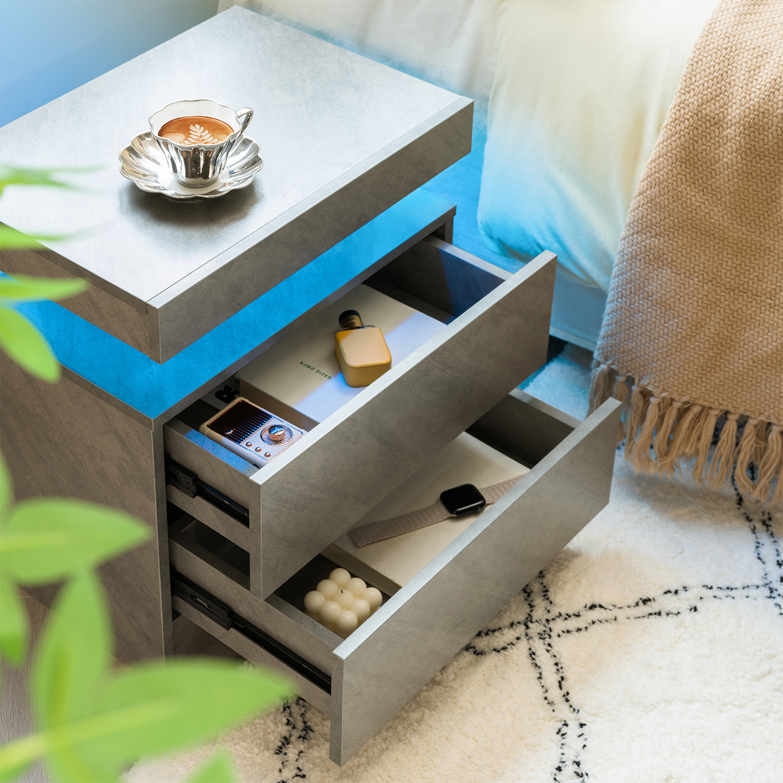 Nightstand LED Bedside Table Cabinet Lights Modern End Side With 2 Drawers — image 3
