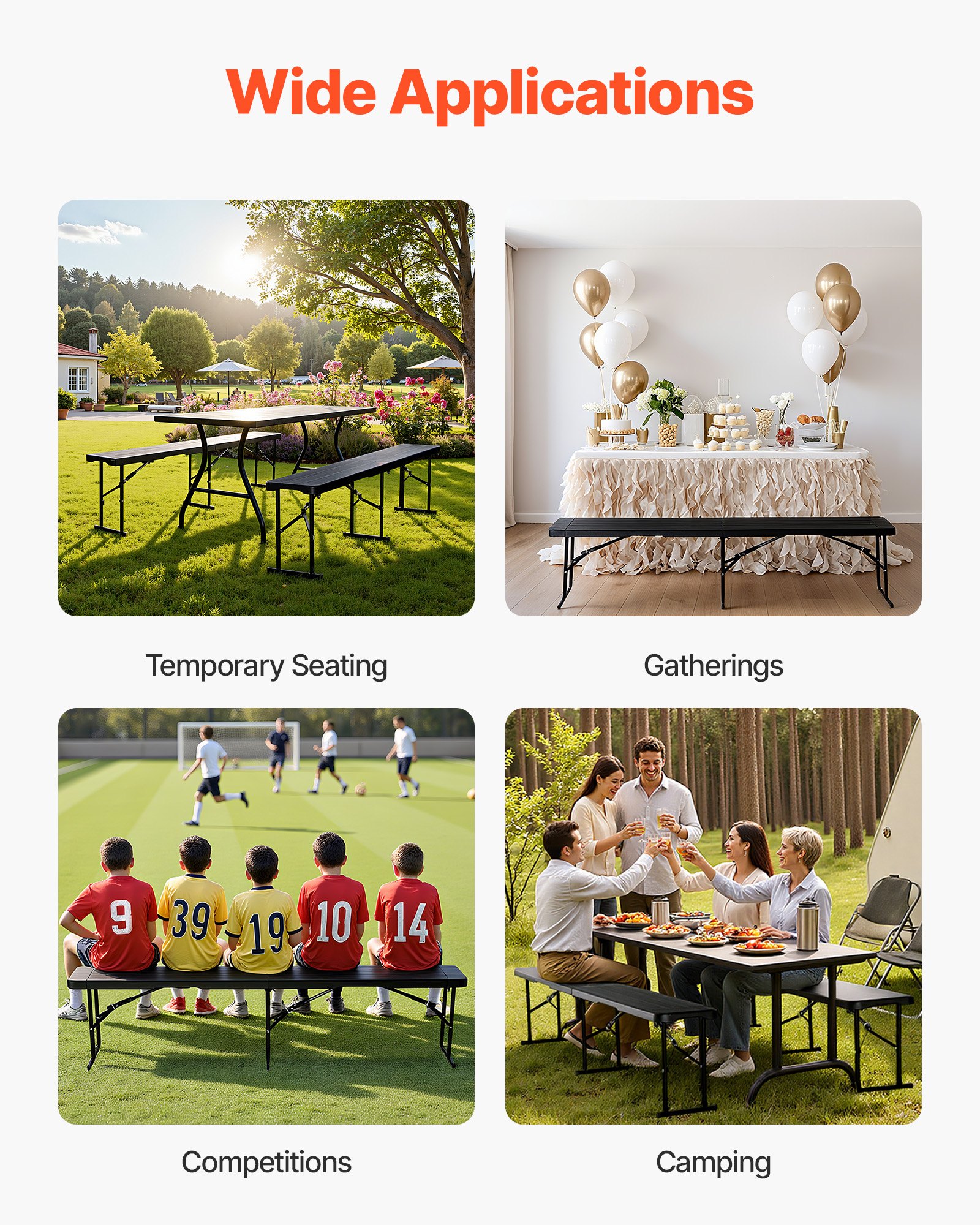 Banco Plegable De Plástico,portátil De 1,8 M Para Interior/exterior,picnic,fiesta,patio,camping,comedor,asiento Plegable De HDPE Liso Para Jardín,fútbol,actividades Multiusos,1 Paquete,negro