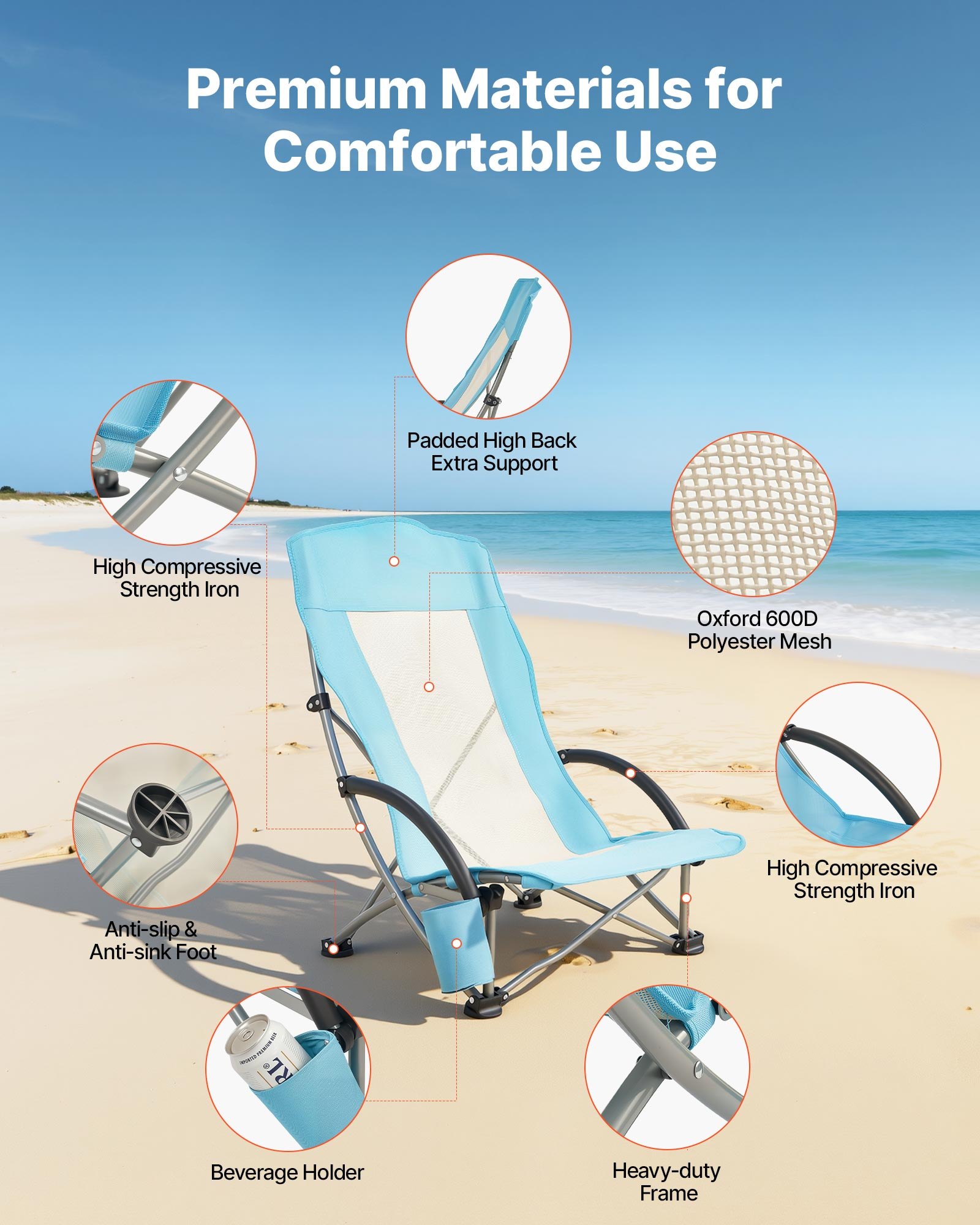 Silla De Playa Plegable Capacidad Máxima De 150 Kg Con Respaldo Alto De Malla, Almohada, Silla De Camping Portátil, Ancho, Resistente Con Portavasos Para Picnics Barbacoa Exteriores Aire Libre
