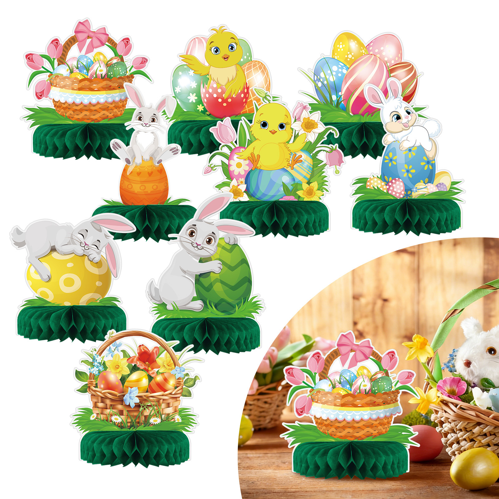 Honeycomb Paper Easter Decorations - 9-Piece Set With Green Accents For Spring-Themed Table Decor - Party Supp