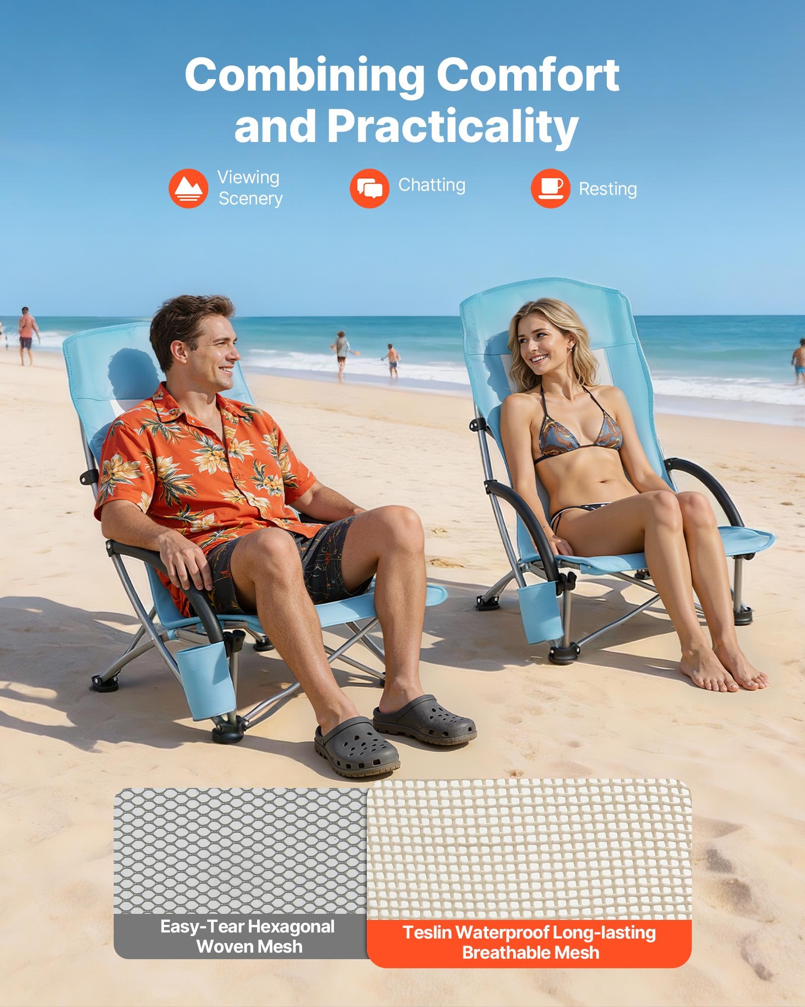Silla De Playa Plegable, Paquete De 2, Capacidad Máxima De 150 Kg Con Respaldo Alto De Malla, Almohada, Silla De Camping Portátil, Resistente Con Portavasos Para Exteriores Barbacoa Aire Libre