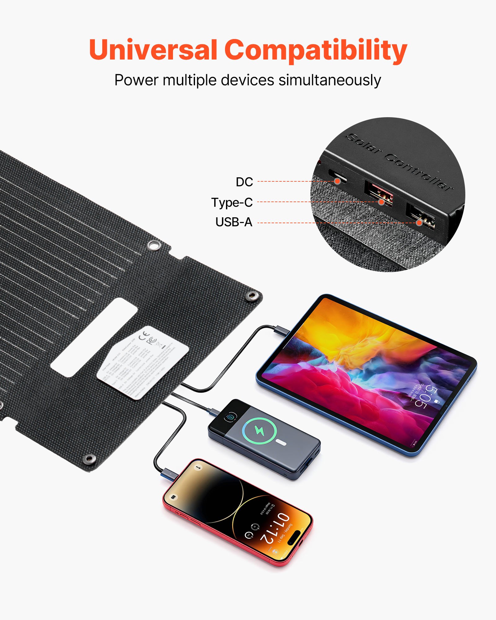 Cargador Solar Plegable De 30 W, Panel Solar Monocristalino Tipo N De 16 BB Con 24 % De Eficiencia, Ultraligero Y Portátil Con Puertos USB-A, USB-A (QC3.0) Y Tipo C Para Camping, Senderismo, Teléfonos