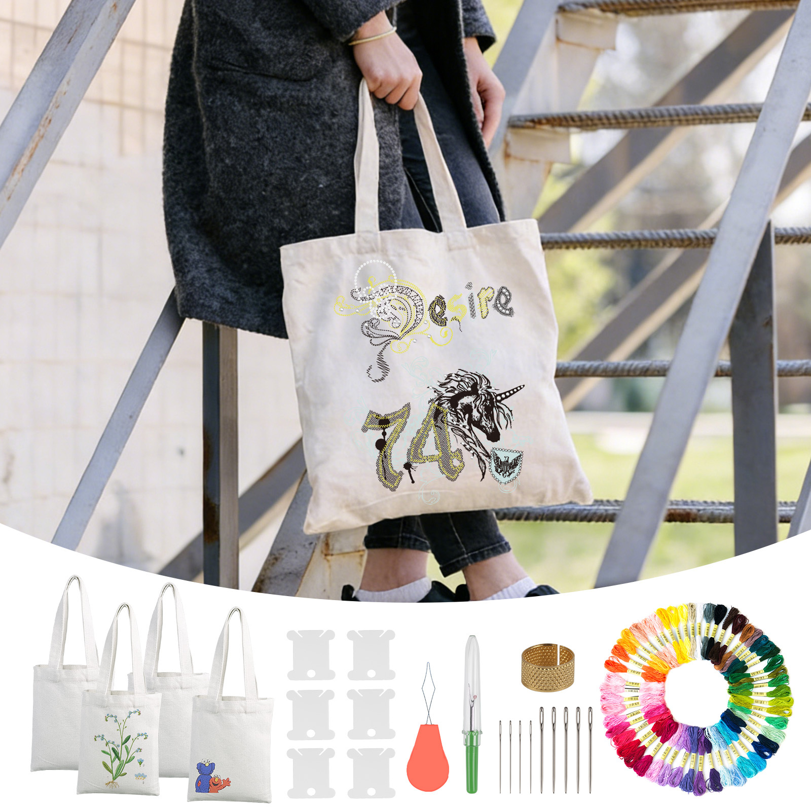 DIY Embroidered Cloth Bag - 4 White Tote Bags With Embroidery Floss Set For Creative Design - Party Supplies S