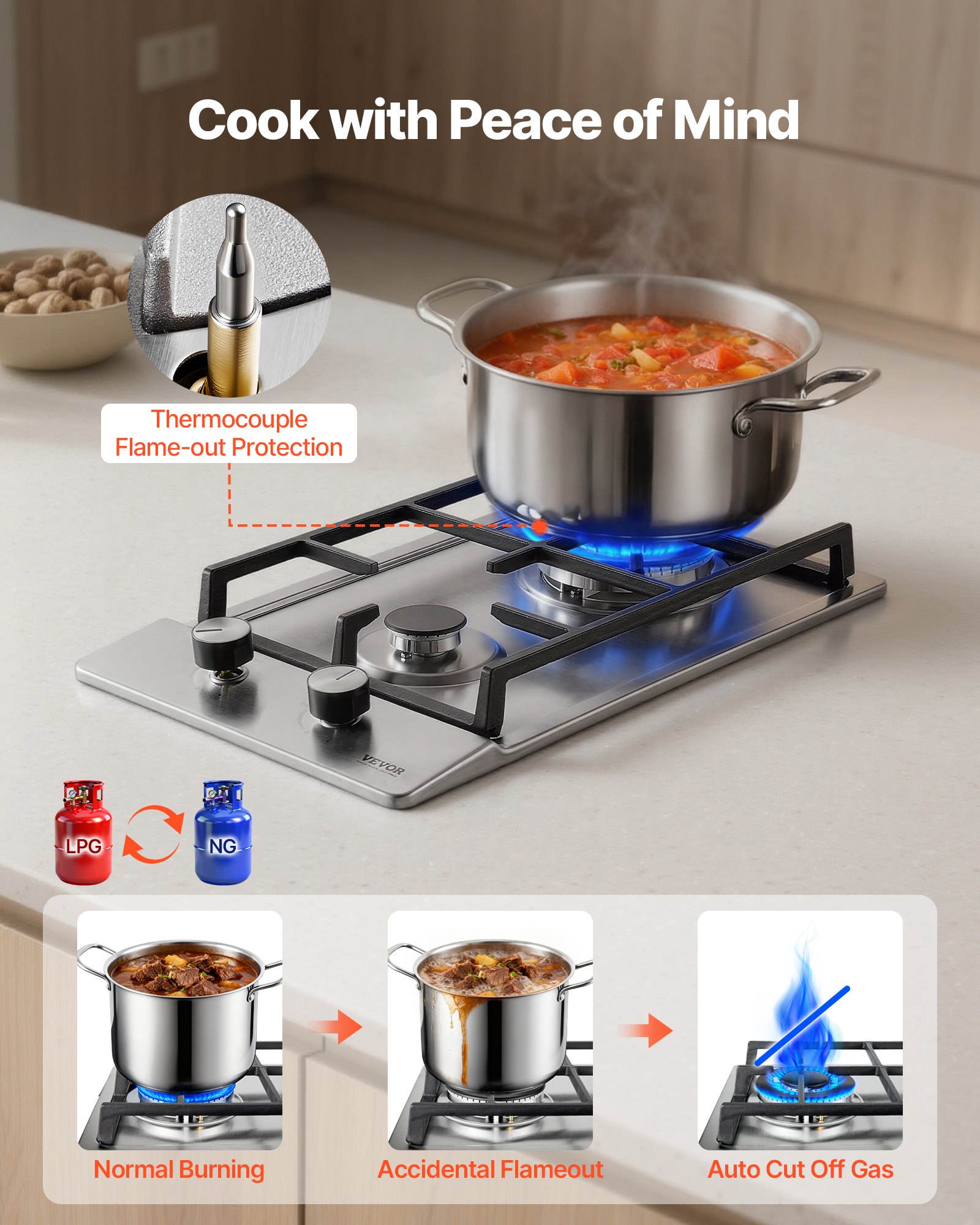 Cocina 12 Pulgadas,máx. 12250 BTU,2 Quemadores Integrados Acero Inoxidable,placa Natural Convertible GLP/GN Protección Termopar Exteriores,cocina,camping Autocaravanas.